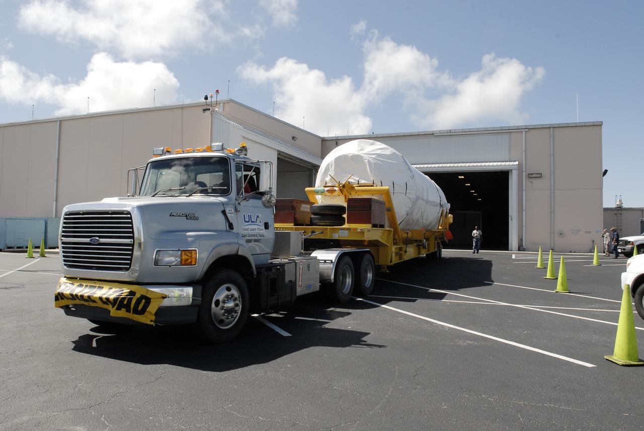 CAPE CANAVERAL, Fla. – The Centaur upper stage is moved into the Atlas Spaceflight Operations Center, or ASOC, to begin checkout for the launch of the Radiation Belt Storm Probes, or RBSP, mission. Photo credit: NASA/Charisse Nahser