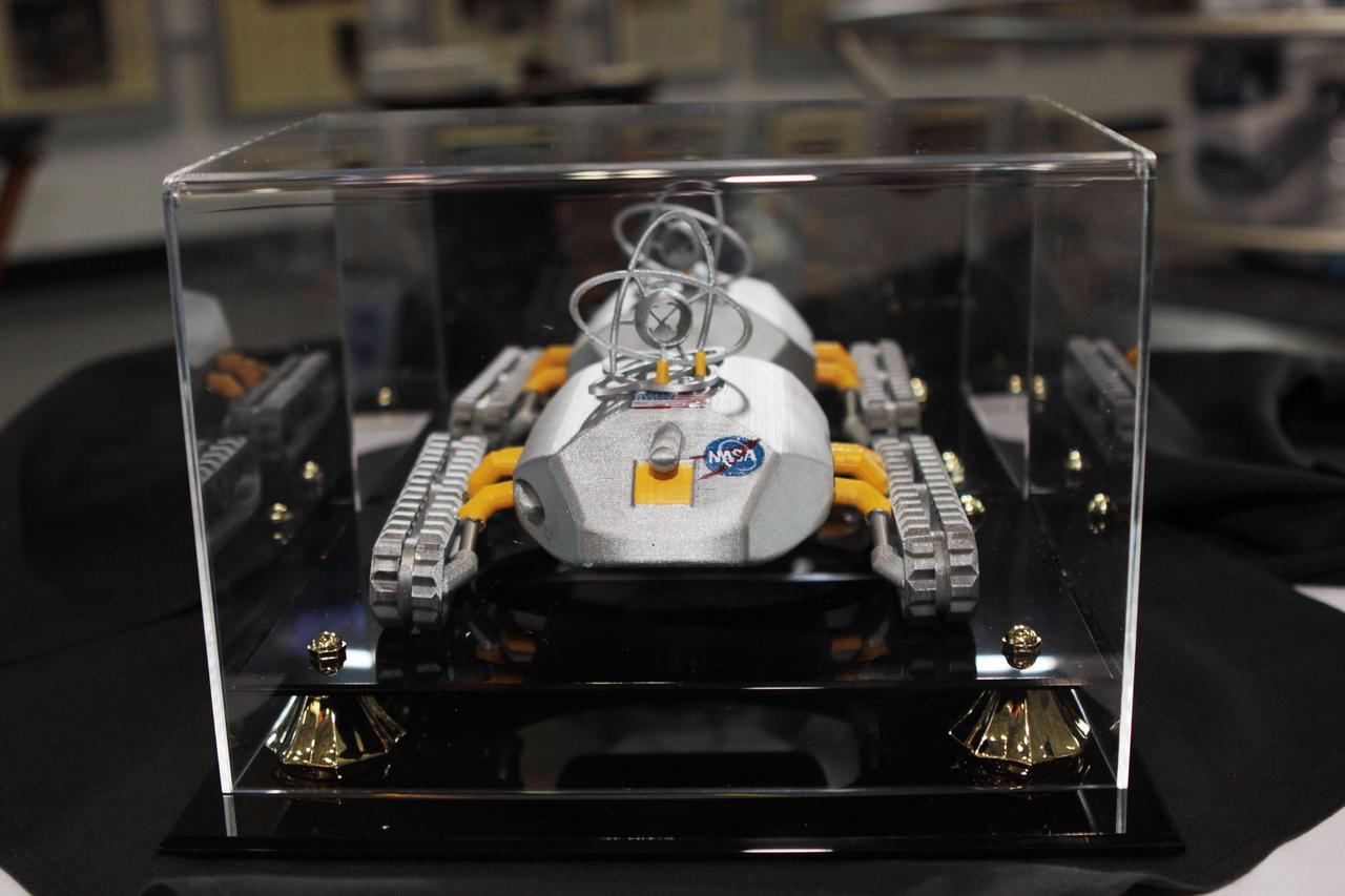 CAPE CANAVERAL, Fla. – Teams taking part in NASA's Lunabotics Mining Competition were eligible for unique trophies such as this. The competition challenged university students to build machines that could collect soil such as the material found on the moon. Working inside the Caterpillar LunArena, the robotic craft dug soil that simulated lunar material. The event was judged by a machine's abilities to collect the soil, its design and operation, size, dust tolerance and its level of autonomy. Photo credit: NASA/Jim Grossmann