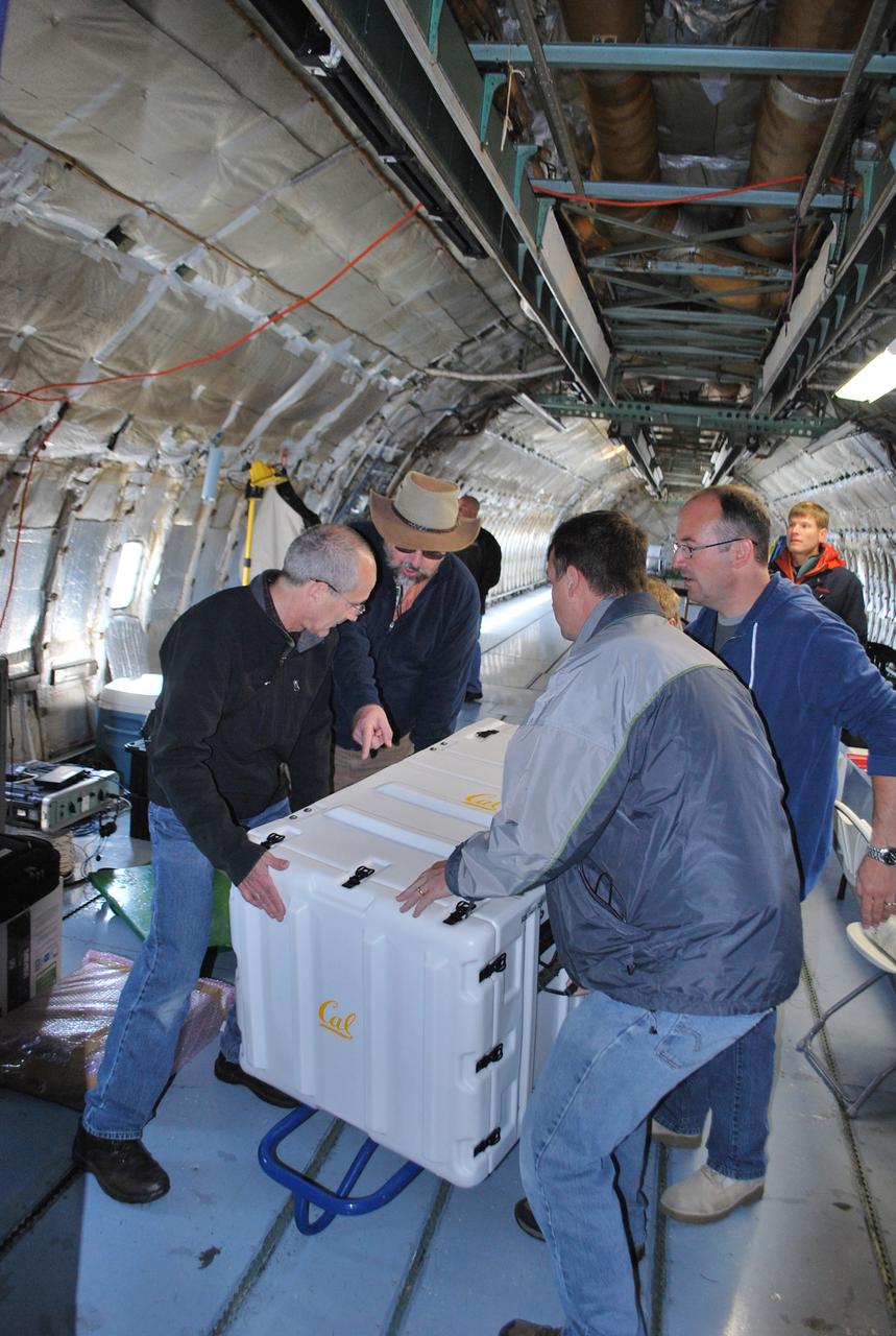 VANDENBERG AIR FORCE BASE, Calif. -- Technicians load the spacecraft airborne support equipment to the Orbital Sciences' L-1011 carrier aircraft. This equipment will maintain the in-flight monitoring and control of the NuSTAR spacecraft before the release of the Pegasus XL rocket        The Pegasus will launch NuSTAR into space where the high-energy x-ray telescope will conduct a census for black holes, map radioactive material in young supernovae remnants, and study the origins of cosmic rays and the extreme physics around collapsed stars. For more information, visit science.nasa.gov/missions/nustar/. Photo credit: NASA/Randy Beaudoin, VAFB