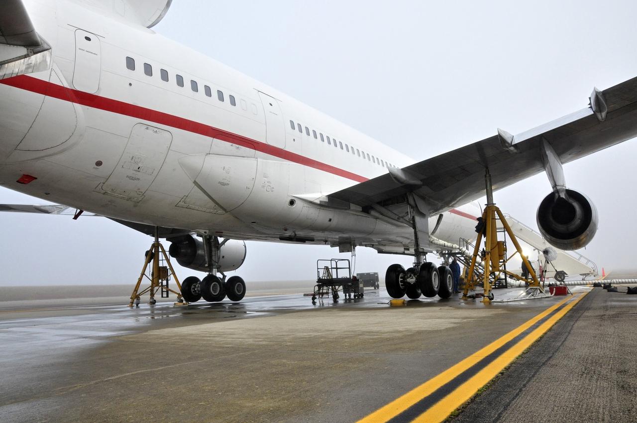 VANDENBERG AFB, Calif. – The Orbital Sciences L-1011 known as "Stargazer" awaits the Orbital Sciences Pegasus XL rocket with its NuSTAR spacecraft. The Pegasus will launch NuSTAR into space where the high-energy x-ray telescope will conduct a census for black holes, map radioactive material in young supernovae remnants, and study the origins of cosmic rays and the extreme physics around collapsed stars. Photo credit: NASA/Randy Beaudoin, VAFB