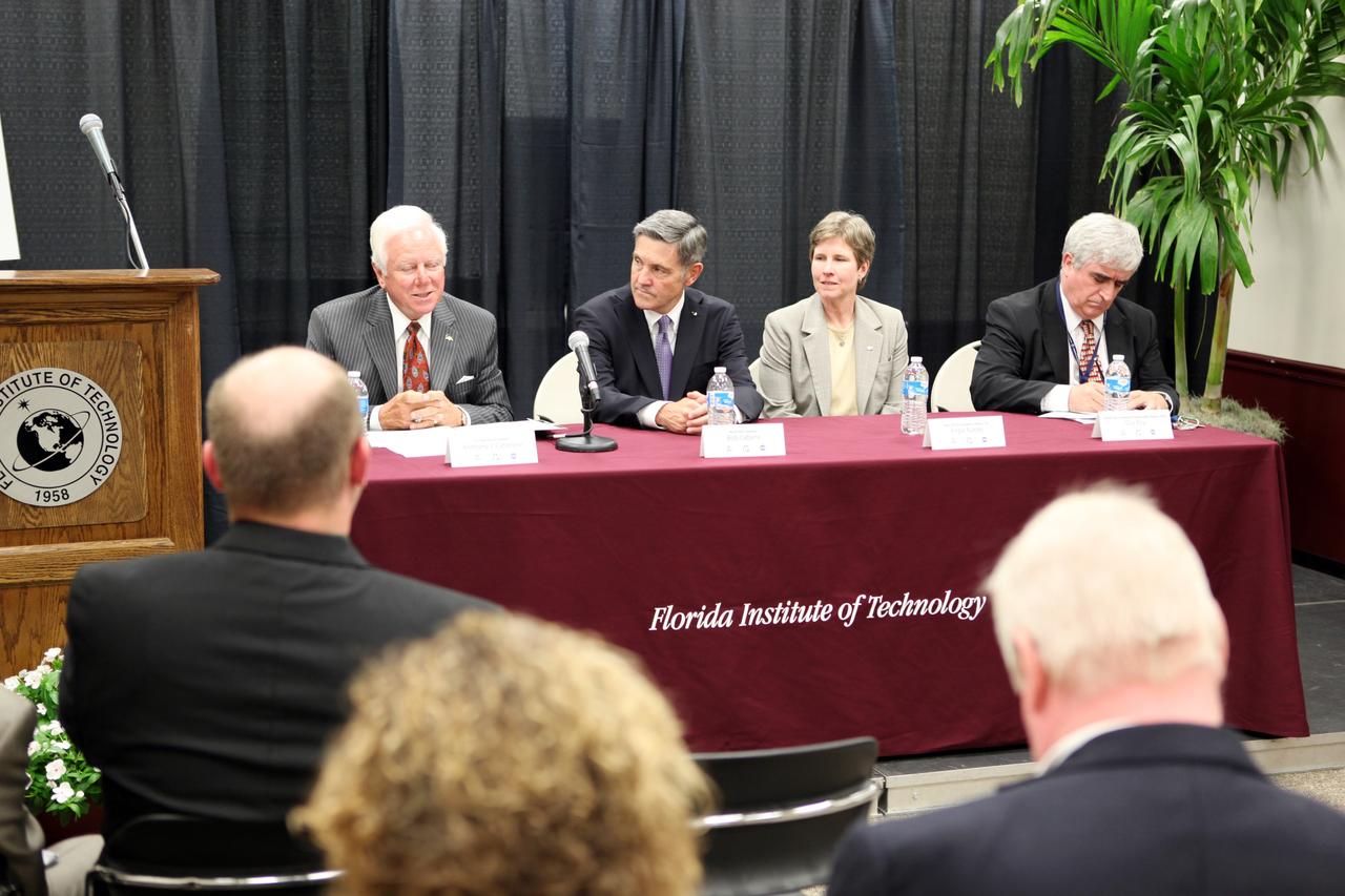 MELBOURNE, Fla. – Anthony J. Catanese, president of the Florida Institute of Technology, participates in the opening ceremonies for the International Space University's 25th annual Space Studies Program session at the Florida Institute of Technology in Melbourne, Fla.  Seated from left are Catanese NASA Kennedy Space Center Director Bob Cabana Professor Angie Bukley, dean and vice president for Academic Affairs, International Space University and Dr. Guy A. Boy, chair of the Space Studies Program’s local organizing committee.    The nine-week intensive course is designed for post-graduate university students and professionals during the summer. The program is hosted by a different country each year, providing a unique educational experience for participants from around the globe. NASA Kennedy Space Center and Florida Tech are co-hosting this year's event which runs from June 4 to Aug. 3. This year, there are about 125 participants representing 31 countries. For more information, visit http://www.isunet.edu.  Photo credit: NASA/Dimitri Gerondidakis