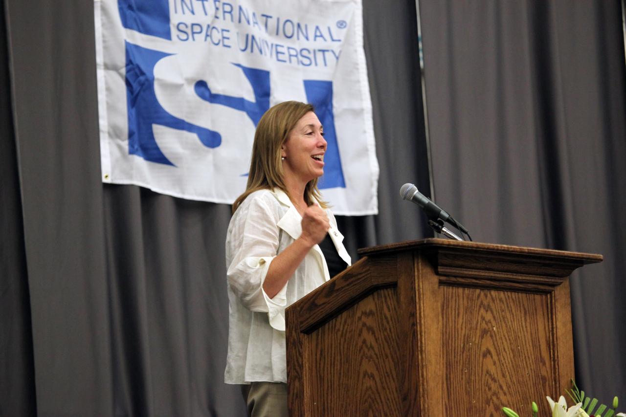 MELBOURNE, Fla. – NASA Deputy Administrator Lori Garver addresses the audience during opening ceremonies for the International Space University's 25th annual Space Studies Program session at the Florida Institute of Technology in Melbourne, Fla.       The nine-week intensive course is designed for post-graduate university students and professionals during the summer. The program is hosted by a different country each year, providing a unique educational experience for participants from around the globe. NASA Kennedy Space Center and Florida Tech are co-hosting this year's event which runs from June 4 to Aug. 3. This year, there are about 125 participants representing 31 countries. For more information, visit http://www.isunet.edu.  Photo credit: NASA/Dimitri Gerondidakis