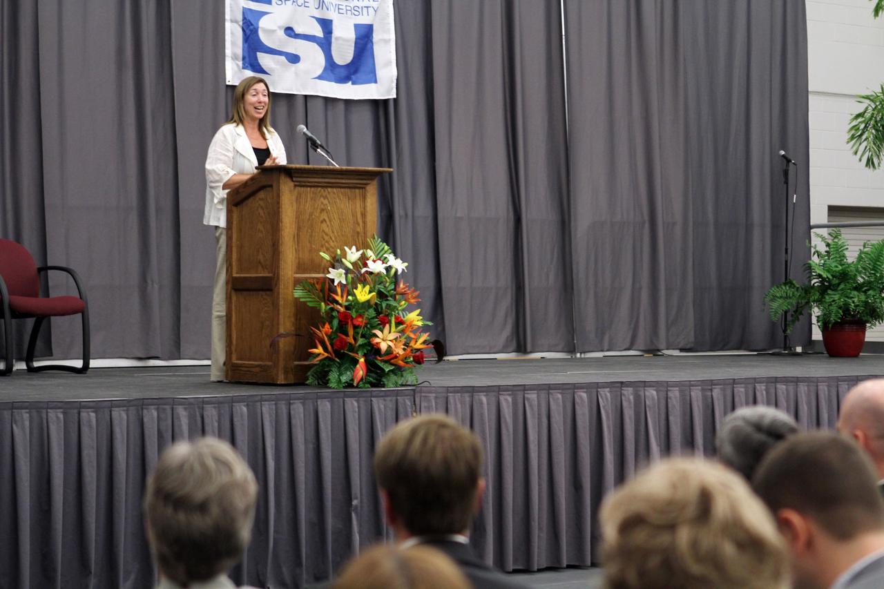 MELBOURNE, Fla. – NASA Deputy Administrator Lori Garver addresses the audience during opening ceremonies for the International Space University's 25th annual Space Studies Program session at the Florida Institute of Technology in Melbourne, Fla.     The nine-week intensive course is designed for post-graduate university students and professionals during the summer. The program is hosted by a different country each year, providing a unique educational experience for participants from around the globe. NASA Kennedy Space Center and Florida Tech are co-hosting this year's event which runs from June 4 to Aug. 3. This year, there are about 125 participants representing 31 countries. For more information, visit http://www.isunet.edu.  Photo credit: NASA/Kim Shiflett