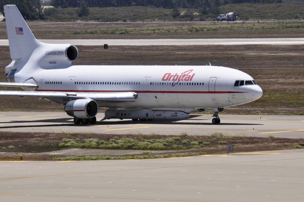 VANDENBERG AIR FORCE BASE, Calif. – Orbital Sciences’ L-1011 carrier aircraft taxies to the runway at Vandenberg Air Force Base in California.  The aircraft is transporting Orbital’s Pegasus rocket and NASA’s Nuclear Spectroscopic Telescope Array, or NuSTAR, to the U.S. Army's Ronald Reagan Ballistic Missile Defense Test Site on Kwajalein Atoll, part of the Marshall Islands in the Pacific Ocean.     The Pegasus, mated to its NuSTAR payload, will be launched from the carrier aircraft 117 nautical miles south of Kwajalein at latitude 6.75 degrees north of the equator.  The high-energy X-ray telescope will conduct a census of black holes, map radioactive material in young supernovae remnants, and study the origins of cosmic rays and the extreme physics around collapsed stars. Launch is scheduled for June 13.  For more information, visit http://www.nasa.gov/nustar.  Photo credit: NASA/Randy Beaudoin, VAFB