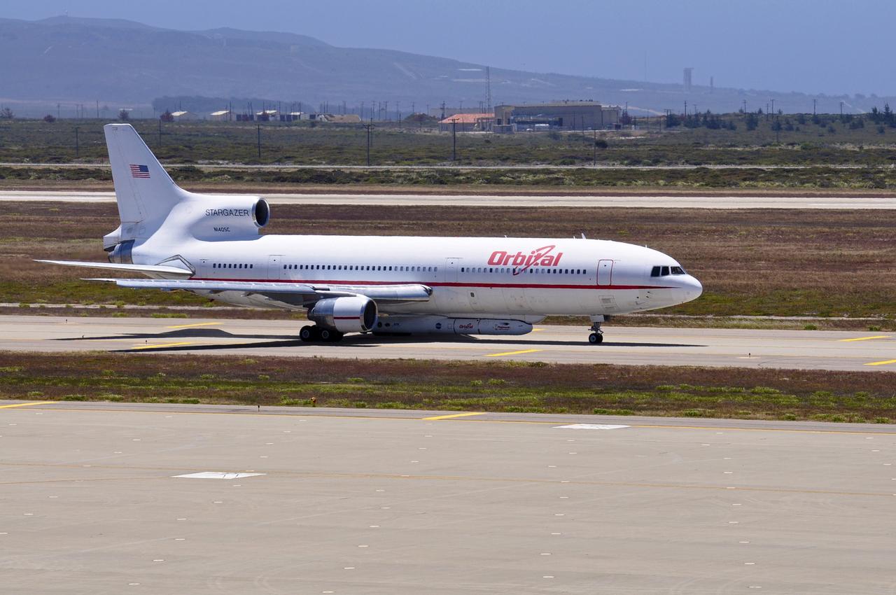VANDENBERG AIR FORCE BASE, Calif. – Orbital Sciences’ L-1011 carrier aircraft taxies to the runway at Vandenberg Air Force Base in California.  The aircraft is transporting Orbital’s Pegasus rocket and NASA’s Nuclear Spectroscopic Telescope Array, or NuSTAR, to the U.S. Army's Ronald Reagan Ballistic Missile Defense Test Site on Kwajalein Atoll, part of the Marshall Islands in the Pacific Ocean.     The Pegasus, mated to its NuSTAR payload, will be launched from the carrier aircraft 117 nautical miles south of Kwajalein at latitude 6.75 degrees north of the equator.  The high-energy X-ray telescope will conduct a census of black holes, map radioactive material in young supernovae remnants, and study the origins of cosmic rays and the extreme physics around collapsed stars. Launch is scheduled for June 13.  For more information, visit http://www.nasa.gov/nustar.  Photo credit: NASA/Randy Beaudoin, VAFB