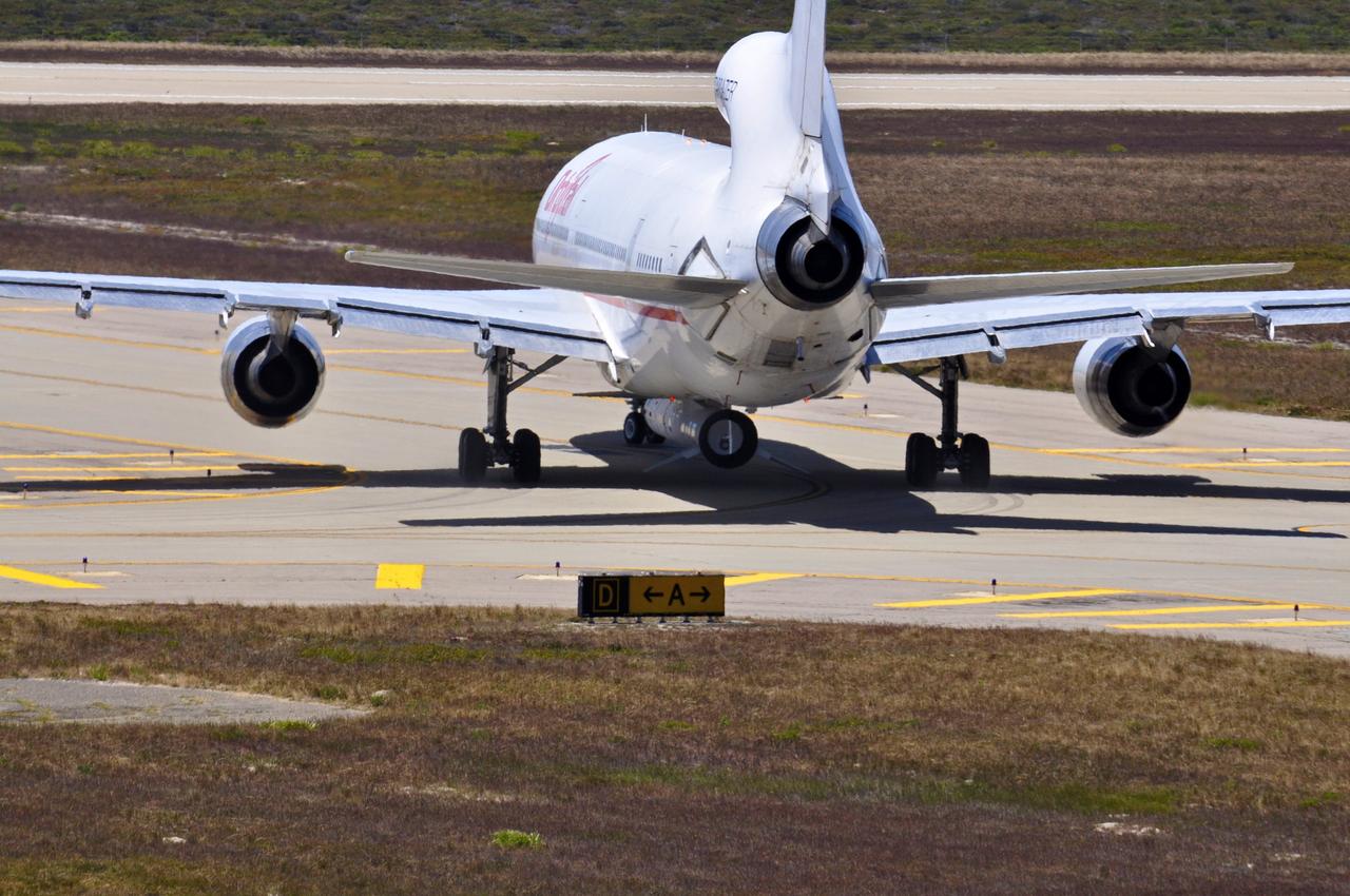 VANDENBERG AIR FORCE BASE, Calif. – Orbital Sciences’ L-1011 carrier aircraft taxies to the runway at Vandenberg Air Force Base in California.  The aircraft is transporting Orbital’s Pegasus rocket and NASA’s Nuclear Spectroscopic Telescope Array, or NuSTAR, to the U.S. Army's Ronald Reagan Ballistic Missile Defense Test Site on Kwajalein Atoll, part of the Marshall Islands in the Pacific Ocean.     The Pegasus, mated to its NuSTAR payload, will be launched from the carrier aircraft 117 nautical miles south of Kwajalein at latitude 6.75 degrees north of the equator.  The high-energy X-ray telescope will conduct a census of black holes, map radioactive material in young supernovae remnants, and study the origins of cosmic rays and the extreme physics around collapsed stars. Launch is scheduled for June 13.  For more information, visit http://www.nasa.gov/nustar.  Photo credit: NASA/Randy Beaudoin, VAFB