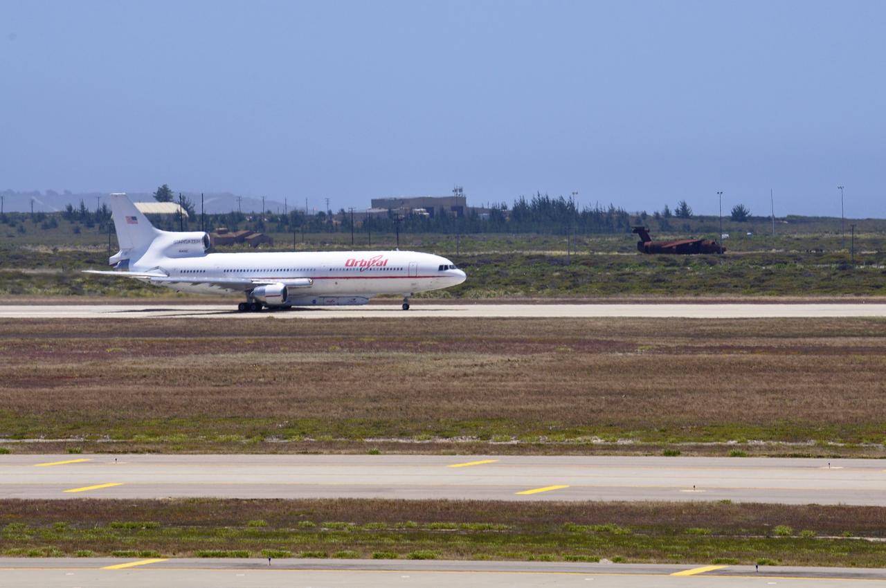 VANDENBERG AIR FORCE BASE, Calif. – Orbital Sciences’ L-1011 carrier aircraft prepares for takeoff from the runway at Vandenberg Air Force Base in California.  The aircraft is transporting Orbital’s Pegasus rocket and NASA’s Nuclear Spectroscopic Telescope Array, or NuSTAR, to the U.S. Army's Ronald Reagan Ballistic Missile Defense Test Site on Kwajalein Atoll, part of the Marshall Islands in the Pacific Ocean.      The Pegasus, mated to its NuSTAR payload, will be launched from the carrier aircraft 117 nautical miles south of Kwajalein at latitude 6.75 degrees north of the equator.  The high-energy X-ray telescope will conduct a census of black holes, map radioactive material in young supernovae remnants, and study the origins of cosmic rays and the extreme physics around collapsed stars. Launch is scheduled for June 13.  For more information, visit http://www.nasa.gov/nustar.  Photo credit: NASA/Randy Beaudoin, VAFB