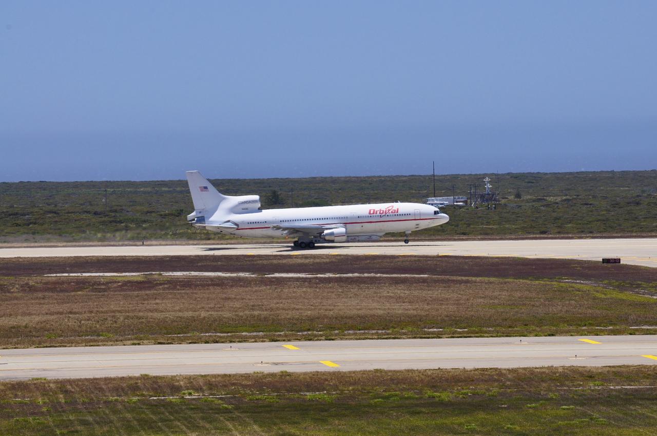 VANDENBERG AIR FORCE BASE, Calif. – The nose gear of Orbital Sciences’ L-1011 carrier aircraft rises from the runway as the plane takes off from Vandenberg Air Force Base in California.  The aircraft is transporting Orbital’s Pegasus rocket and NASA’s Nuclear Spectroscopic Telescope Array, or NuSTAR, to the U.S. Army's Ronald Reagan Ballistic Missile Defense Test Site on Kwajalein Atoll, part of the Marshall Islands in the Pacific Ocean.    The Pegasus, mated to its NuSTAR payload, will be launched from the carrier aircraft 117 nautical miles south of Kwajalein at latitude 6.75 degrees north of the equator.  The high-energy X-ray telescope will conduct a census of black holes, map radioactive material in young supernovae remnants, and study the origins of cosmic rays and the extreme physics around collapsed stars. Launch is scheduled for June 13.  For more information, visit http://www.nasa.gov/nustar.  Photo credit: NASA/Randy Beaudoin, VAFB