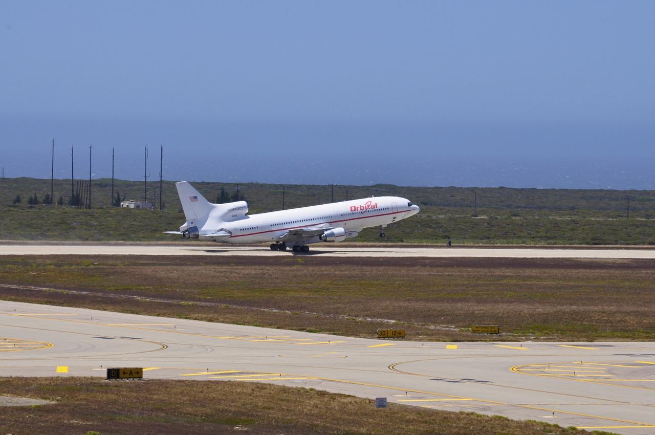 VANDENBERG AIR FORCE BASE, Calif. – Orbital Sciences’ L-1011 carrier aircraft lifts off the runway as it departs from Vandenberg Air Force Base in California.  The aircraft is transporting Orbital’s Pegasus rocket and NASA’s Nuclear Spectroscopic Telescope Array, or NuSTAR, to the U.S. Army's Ronald Reagan Ballistic Missile Defense Test Site on Kwajalein Atoll, part of the Marshall Islands in the Pacific Ocean.      The Pegasus, mated to its NuSTAR payload, will be launched from the carrier aircraft 117 nautical miles south of Kwajalein at latitude 6.75 degrees north of the equator.  The high-energy X-ray telescope will conduct a census of black holes, map radioactive material in young supernovae remnants, and study the origins of cosmic rays and the extreme physics around collapsed stars. Launch is scheduled for June 13.  For more information, visit http://www.nasa.gov/nustar.  Photo credit: NASA/Randy Beaudoin, VAFB