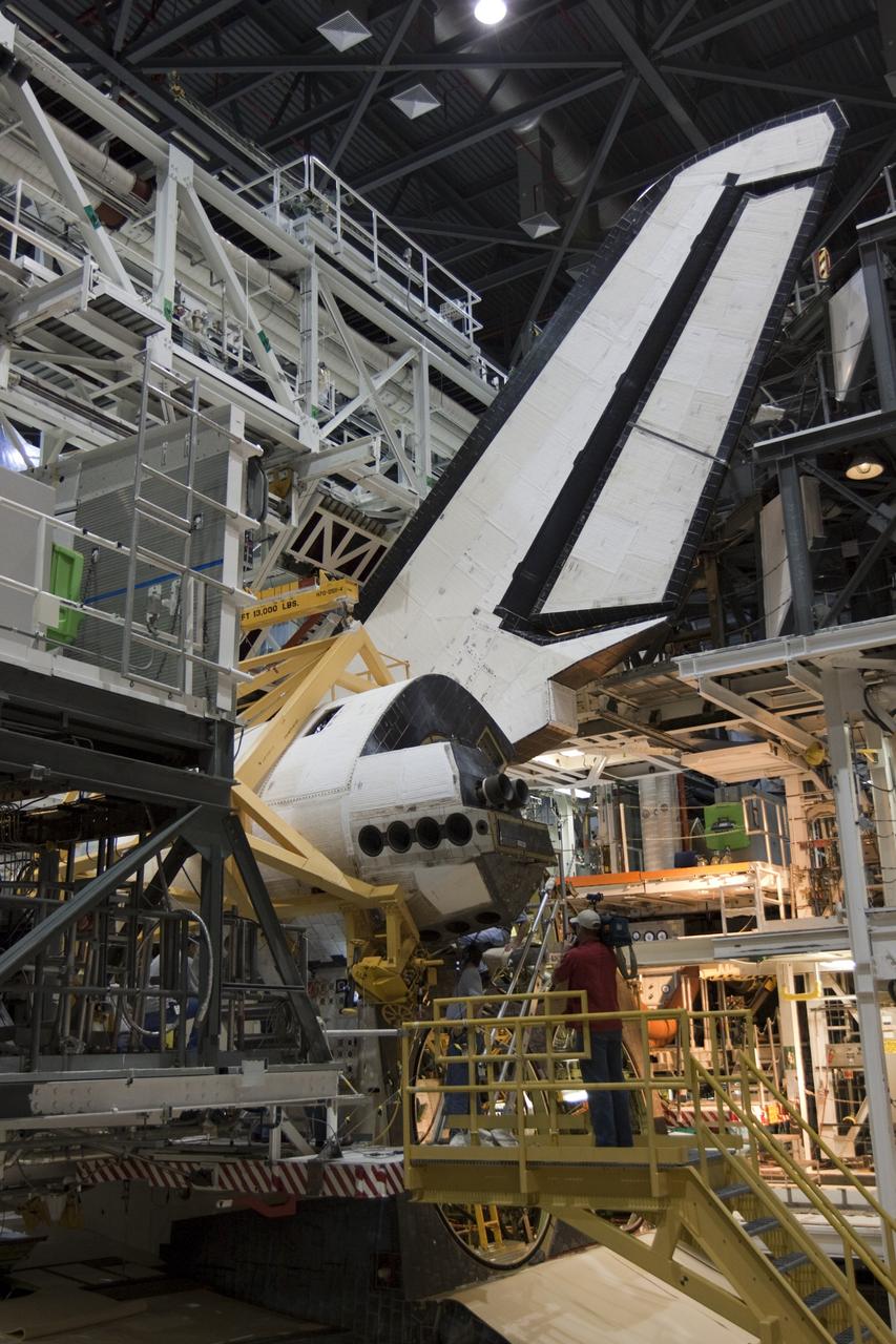 CAPE CANAVERAL, Fla. – In Orbiter Processing Facility-1 at NASA’s Kennedy Space Center in Florida, preparations are under way to reinstall the left orbital maneuvering system, or OMS, pod on space shuttle Atlantis. The orbital maneuvering system provided the shuttle with thrust for orbit insertion, rendezvous and deorbit, and could provide up to 1,000 pounds of propellant to the aft reaction control system. The OMS is housed in two independent pods located on each side of the shuttle's aft fuselage. Each pod contains one OMS engine and the hardware needed to pressurize, store and distribute the propellants to perform the velocity maneuvers. Atlantis’ OMS pods were removed and sent to White Sands Test Facility in New Mexico to be cleaned of residual toxic propellant. The work is part of the Space Shuttle Program’s transition and retirement processing of the shuttle fleet. A groundbreaking was held Jan. 18 for Atlantis' future home, a 65,000-square-foot exhibit hall in Shuttle Plaza at the Kennedy Space Center Visitor Complex. Atlantis is scheduled to roll over to the visitor complex in November in preparation for the exhibit’s grand opening in July 2013. For more information, visit http://www.nasa.gov/transition. Photo credit: NASA/Ben Smegelsky