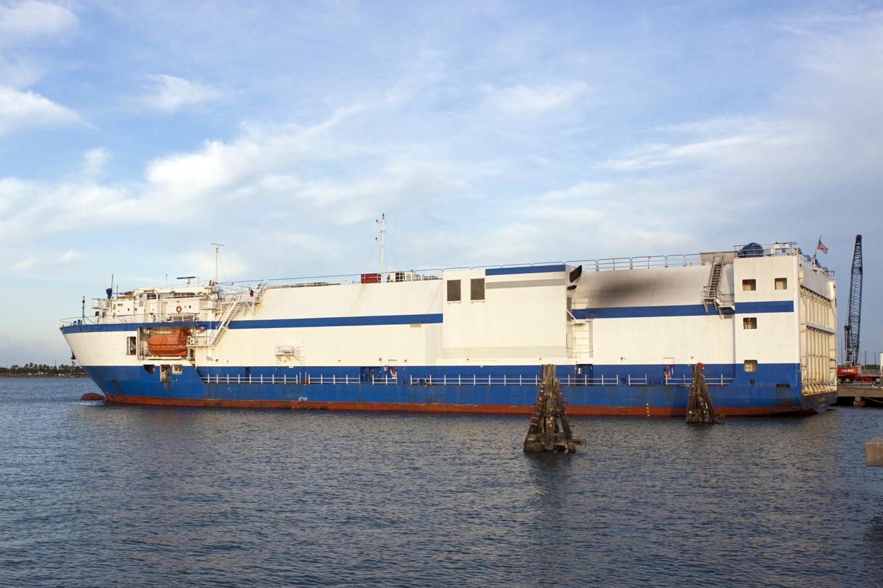 CAPE CANAVERAL, Fla. – United Launch Alliance's Delta Mariner barge arrives at Port Canaveral in Florida carrying the Atlas V first stage booster for NASA's Radiation Belt Storm Probes mission.    The Radiation Belt Storm Probes, or RBSP, mission will help us understand the sun’s influence on Earth and near-Earth space by studying the Earth’s radiation belts on various scales of space and time. For more information, visit http://www.nasa.gov/rbsp. Photo credit: NASA/Jim Grossmann
