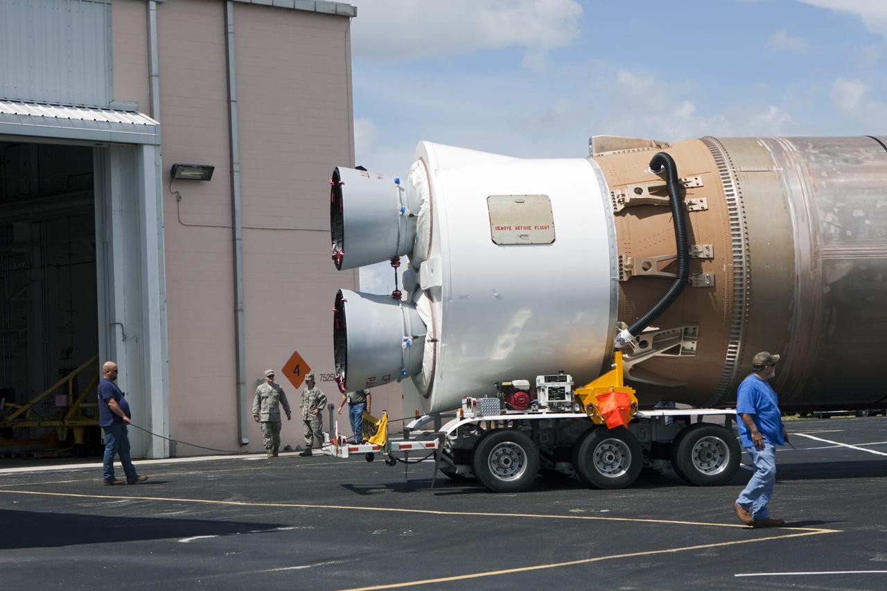 CAPE CANAVERAL, Fla. – At Cape Canaveral Air Force Station in Florida, employees prepare to move the United Launch Alliance Atlas V first stage booster into the Atlas Spaceflight Operations Center, or ASOC. The booster, which was delivered by barge to nearby Port Canaveral, will be used to launch NASA's Radiation Belt Storm Probes mission.    The Radiation Belt Storm Probes, or RBSP, mission will help us understand the sun’s influence on Earth and near-Earth space by studying the Earth’s radiation belts on various scales of space and time. For more information, visit http://www.nasa.gov/rbsp. Photo credit: NASA/Jim Grossmann
