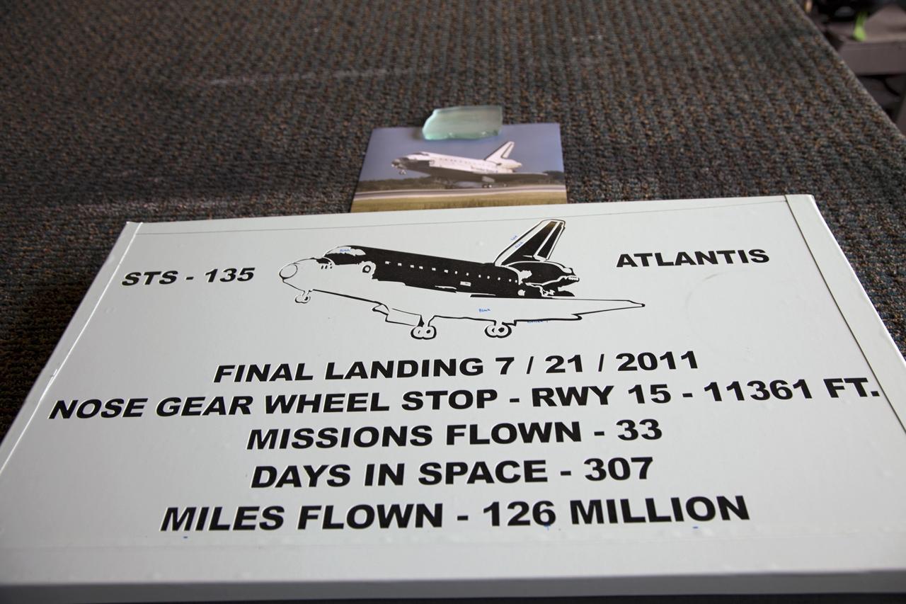 CAPE CANAVERAL, Fla. – At C Spray Glass Blasting of Cocoa Beach, Fla., the commemorative plaque to mark space shuttle Atlantis’ wheel stop location has been completed. The special plaque will be permanently mounted at the Shuttle Landing Facility, or SLF, runway edge at NASA’s Kennedy Space Center in Florida to commemorate the final space shuttle landing. Atlantis completed the STS-135 mission by landing at the SLF on July 21, 2011, at 5:57 a.m. EDT. Atlantis flew 33 missions, completed 4,848 orbits of the Earth, traveled nearly 126 million miles and spent 307 days in space. Atlantis carried 207 astronauts to space. Photo credit: NASA/Lorne Mathre
