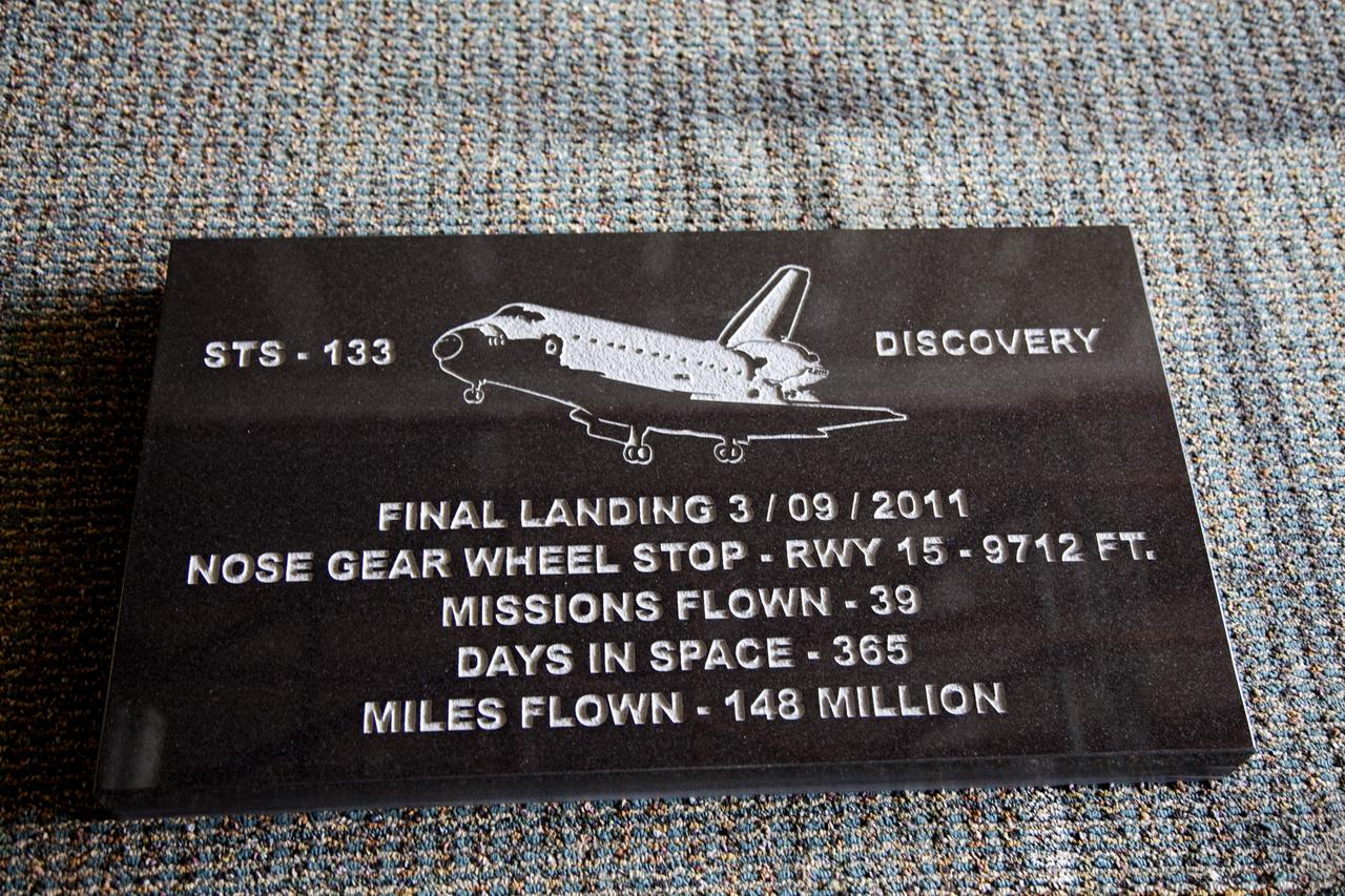 CAPE CANAVERAL, Fla. – At C Spray Glass Blasting of Cocoa Beach, Fla., the commemorative plaque to mark space shuttle Discovery’s wheel stop location has been completed. The special plaque will be permanently mounted at the Shuttle Landing Facility, or SLF, runway edge at NASA’s Kennedy Space Center in Florida to commemorate Discovery’s final landing. Discovery completed the STS-133 mission by landing at the SLF on March 9, 2011, at 11:57 a.m. EST. Discovery flew 39 missions, completed 5,830 orbits of the Earth, traveled 148 million miles and spent 365 days in space. Atlantis carried 252 astronauts to space. Photo credit: NASA/Lorne Mathre
