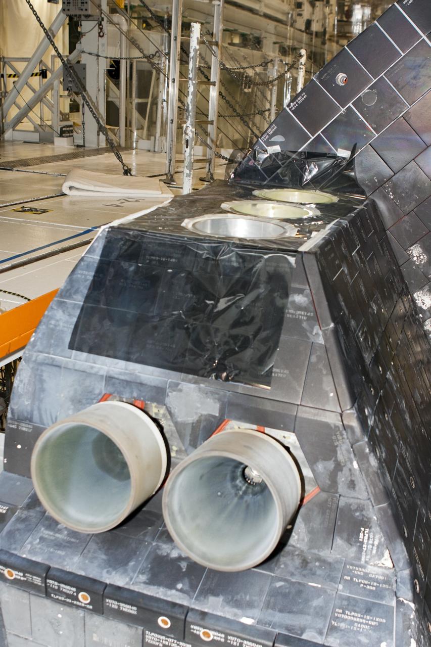 CAPE CANAVERAL, Fla. - In Orbiter Processing Facility Bay 2 at NASA’s Kennedy Space Center in Florida, simulated thrusters are being painted on the space shuttle Endeavour.      The work is part of Transition and Retirement of the remaining space shuttles, Endeavour and Atlantis. Endeavour is being prepared for public display at the California Science Center in Los Angeles. Its ferry flight to California is targeted for mid-September. Endeavour was the last space shuttle added to NASA’s orbiter fleet. Over the course of its 19-year career, Endeavour spent 299 days in space during 25 missions. For more information, visit http://www.nasa.gov/transition Photo credit: NASA/Jim Grossmann