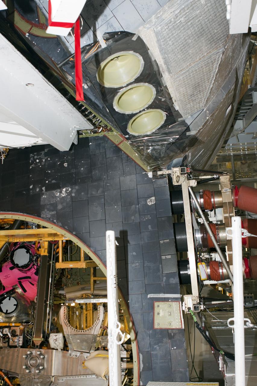 CAPE CANAVERAL, Fla. - In Orbiter Processing Facility Bay 2 at NASA’s Kennedy Space Center in Florida, simulated thrusters have been painted on the space shuttle Endeavour’s Orbital Maneuvering System Pods.    The work is part of Transition and Retirement of the remaining space shuttles, Endeavour and Atlantis. Endeavour is being prepared for public display at the California Science Center in Los Angeles. Its ferry flight to California is targeted for mid-September. Endeavour was the last space shuttle added to NASA’s orbiter fleet. Over the course of its 19-year career, Endeavour spent 299 days in space during 25 missions. For more information, visit http://www.nasa.gov/transition Photo credit: NASA/Jim Grossmann