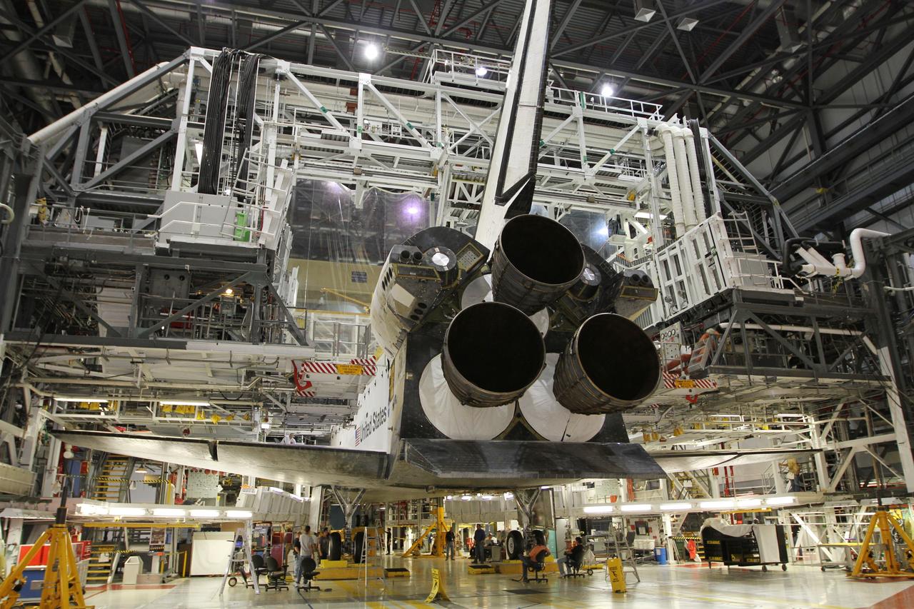 CAPE CANAVERAL, Fla. - Space shuttle Atlantis is surrounded by work platforms in this wide-angle view inside Orbiter Processing Facility Bay 1 at NASA’s Kennedy Space Center in Florida. Technicians are completing weight and center-or-gravity checks on the spacecraft.    The work is part of the Space Shuttle Program’s transition and retirement processing of the shuttle fleet. A groundbreaking was held Jan. 18, 2012, for Atlantis' future home, a 65,000-square-foot exhibit hall in Shuttle Plaza at the Kennedy Space Center Visitor Complex. Atlantis is scheduled to roll over to the visitor complex during November in preparation for the exhibit's grand opening in July 2013. For more information, visit http://www.nasa.gov/transition. Photo credit: NASA/Kim Shiflett