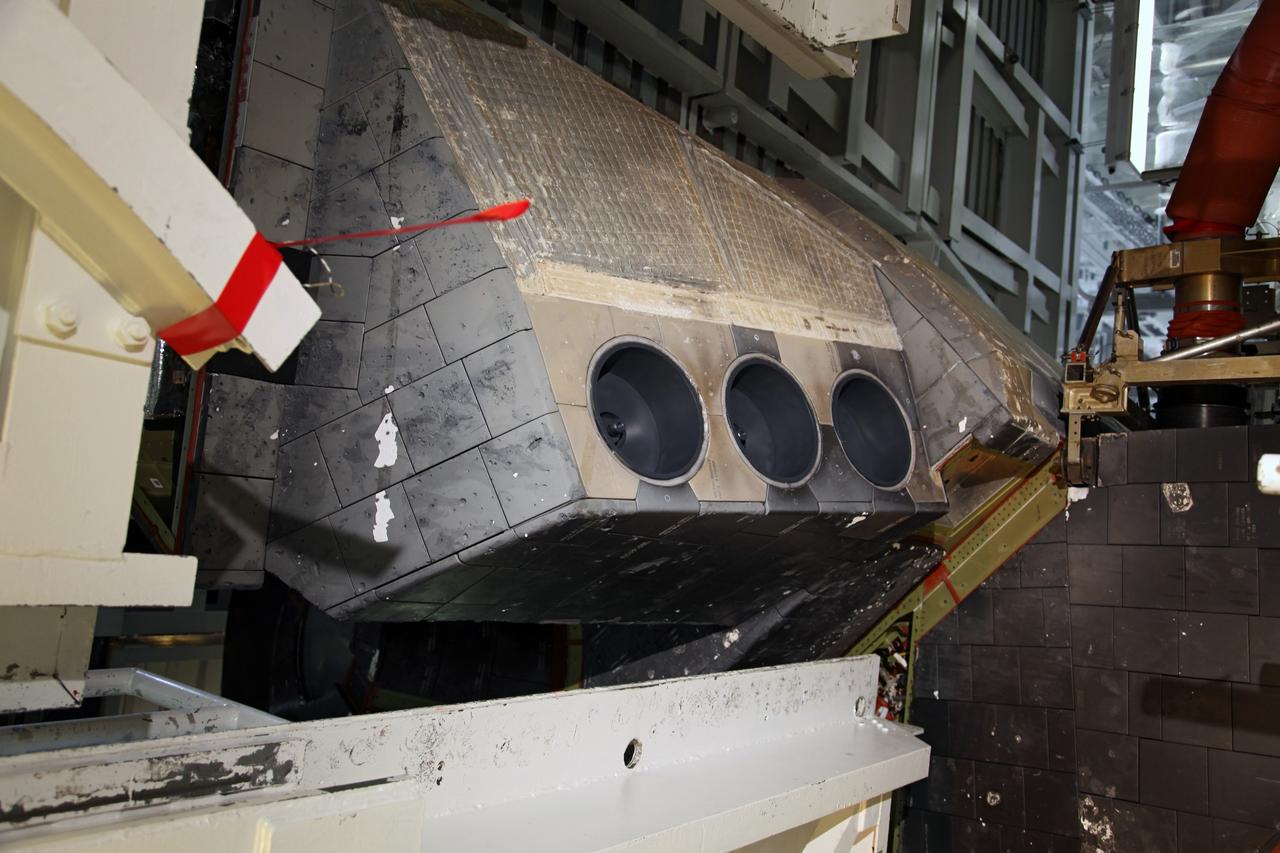 CAPE CANAVERAL, Fla. – Inside Orbiter Processing Facility-2 at NASA’s Kennedy Space Center in Florida, United Space Alliance technicians have completed spray painting simulated orbital maneuvering system, or OMS, pods onto space shuttle Endeavour. The work is part of Transition and Retirement of the remaining space shuttles, Endeavour and Atlantis. Endeavour is being prepared for public display at the California Science Center in Los Angeles. Its ferry flight to California is targeted for mid-September. Endeavour was the last space shuttle added to NASA’s orbiter fleet. Over the course of its 19-year career, Endeavour spent 299 days in space, traveled more than 122 million miles and carried 173 astronauts into space during 25 missions. For more information, visit http://www.nasa.gov/transition. Photo credit: NASA/Frankie Martin