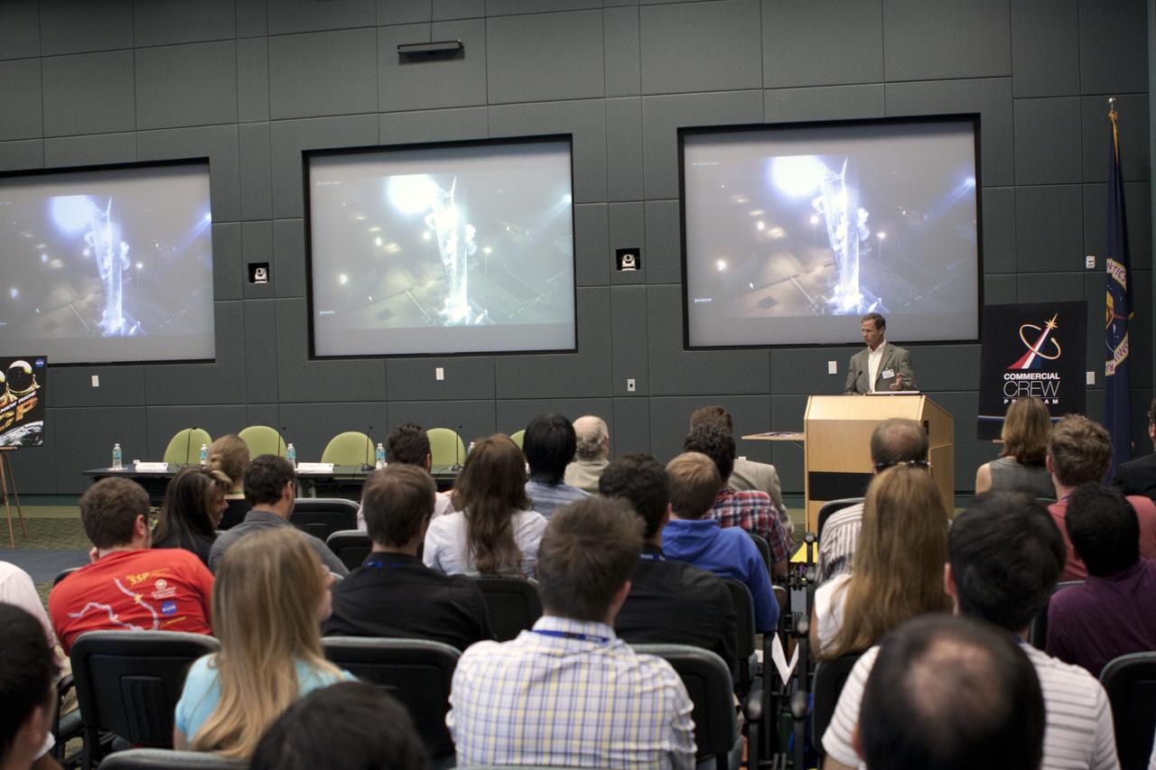 CAPE CANAVERAL, Fla. - Scott Henderson of Space Exploration Technologies Corp., or SpaceX, addresses participants of the International Space University in a session in Operations Support Building II at the Kennedy Space Center, Fla. on July 3.      The International Space University is a nine-week intensive course designed for post-graduate university students and professionals during the summer. The program is hosted by a different country each year, providing a unique educational experience for participants from around the world. NASA Kennedy Space Center and the Florida Institute of Technology are co-hosting this year's event which runs from June 4 to Aug. 3. There are about 125 participants representing 31 countries. For more information, visit http://www.isunet.edu Photo credit: NASA/Jim Grossmann