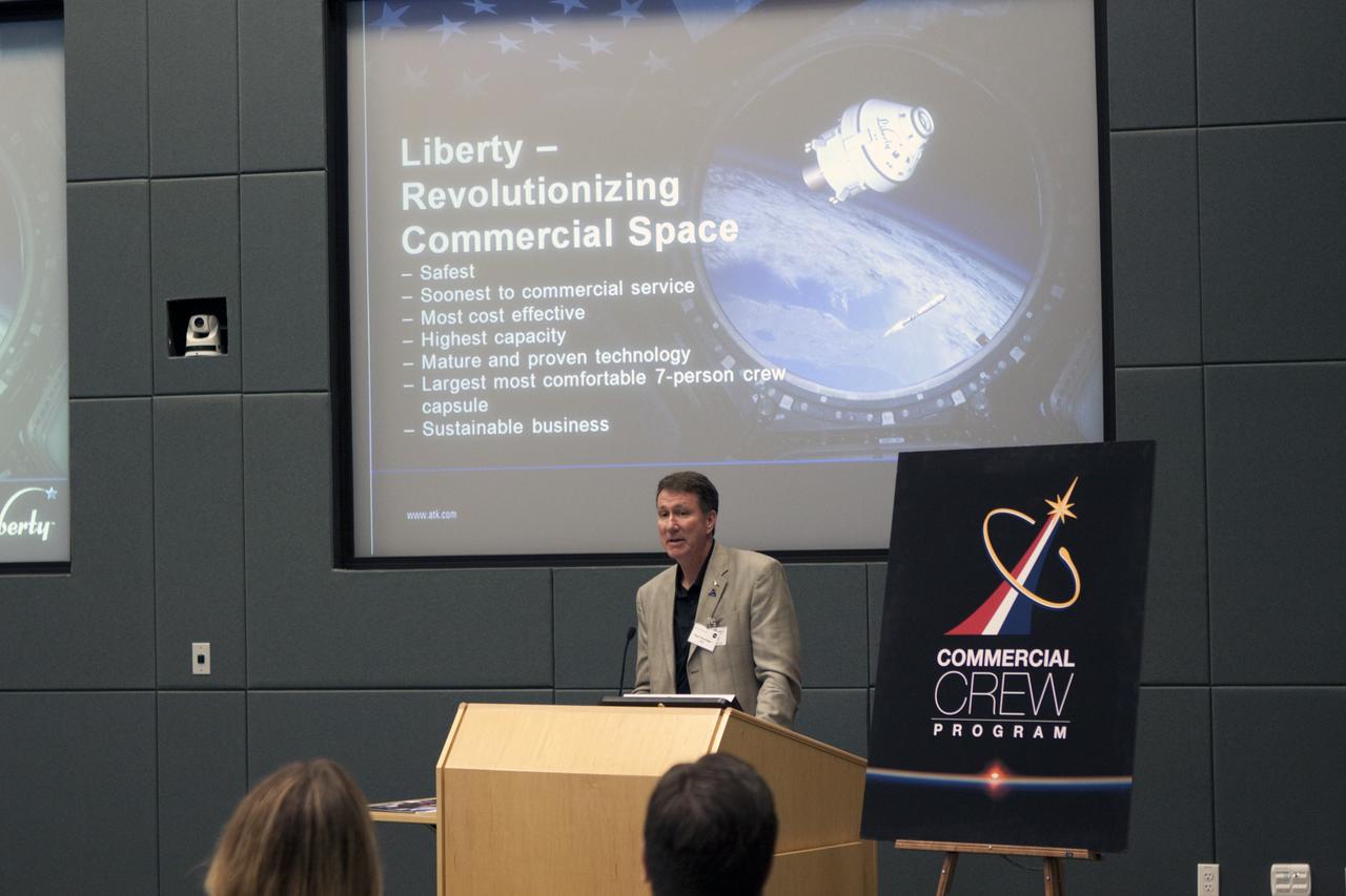 CAPE CANAVERAL, Fla. - Kent Rominger of Alliant Techsystems Inc., or ATK, addresses participants of the International Space University in a session in Operations Support Building II at the Kennedy Space Center, Fla., on July 3. Rominger served as pilot for three space shuttle missions and was commander on two. He retired from NASA in September 2006 to accept a position with ATK Launch Systems in Utah. The International Space University is a nine-week intensive course designed for post-graduate university students and professionals during the summer. The program is hosted by a different country each year, providing a unique educational experience for participants from around the world. NASA Kennedy Space Center and the Florida Institute of Technology are co-hosting this year's event which runs from June 4 to Aug. 3. There are about 125 participants representing 31 countries. For more information, visit http://www.isunet.edu Photo credit: NASA/Jim Grossmann