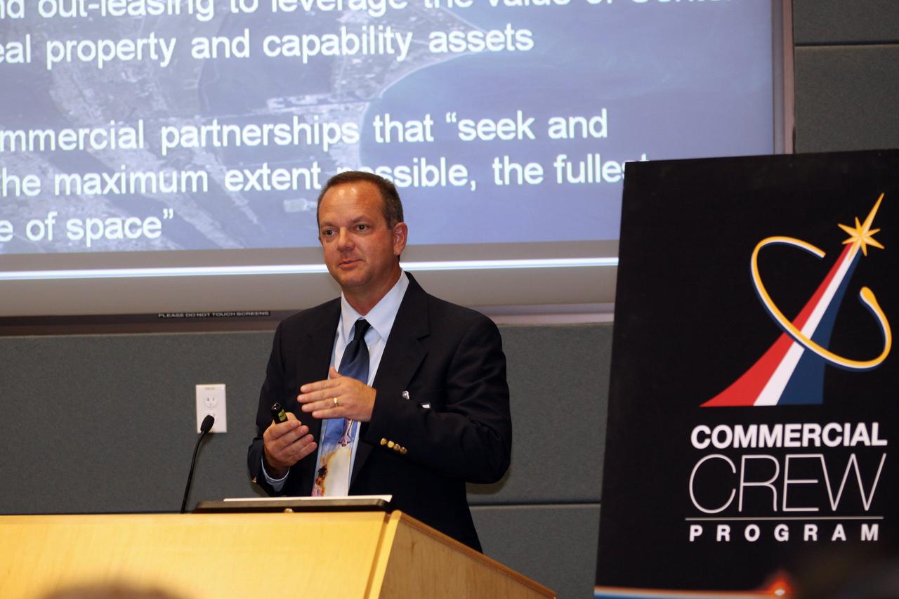CAPE CANAVERAL, Fla. - Tom Engler, NASA's deputy manager of the Kennedy Space Center Planning and Development Office, provides an overview of the Commercial Crew Program for participants of the International Space University session on July 3 in Kennedy's Operations Support Building II.      The International Space University is a nine-week intensive course designed for post-graduate university students and professionals during the summer. The program is hosted by a different country each year, providing a unique educational experience for participants from around the world. NASA Kennedy Space Center and the Florida Institute of Technology are co-hosting this year's event which runs from June 4 to Aug. 3. There are about 125 participants representing 31 countries. For more information, visit http://www.isunet.edu. Photo credit: NASA/Kim Shiflett