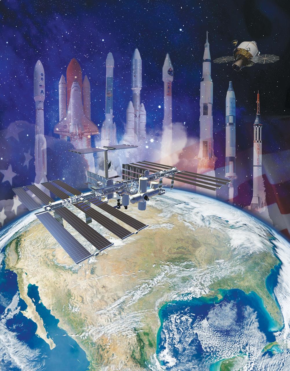 CAPE CANAVERAL, Fla. - Throughout the past 50 years, NASA's Kennedy Space Center has carried on America's legacy of processing, testing and launching a wide array of rockets and spacecraft to distant planets and other destinations in space. Launch vehicles, from left, include the Atlas V, the space shuttle, the Delta II, the Titan IV, the Atlas II, the Apollo Saturn V, the Gemini Titan and the Mercury Redstone. In the foreground are human destinations the center helped NASA reach, including Earth's orbit and the International Space Station. At the top right is NASA's newest spacecraft, the Orion multi-purpose crew vehicle, which will help humans explore deeper into space than ever before.  Image credit: NASA