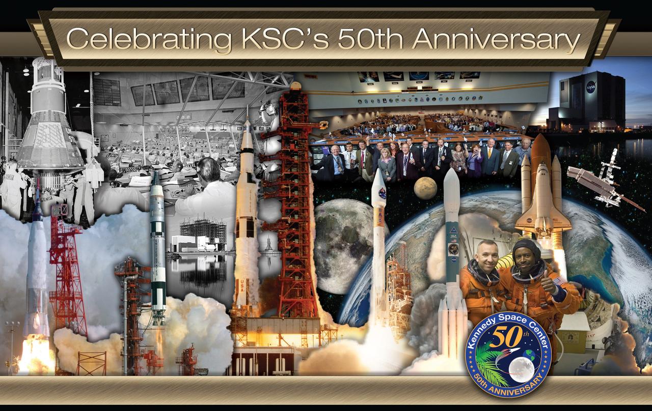 CAPE CANAVERAL, Fla. -- Throughout the past 50 years, NASA's Kennedy Space Center has carried on America's legacy of processing, testing and launching a wide array of rockets and spacecraft to distant planets and other destinations in space. Launch vehicles, from left, include the Mercury Atlas, Gemini Titan, Apollo Saturn V, Atlas, Delta and the space shuttle. Across the top, a Mercury spacecraft is checked out in Hangar S at Cape Canaveral Air Force Station, an Apollo countdown is monitored from a Launch Control Center Firing Room, and mission managers celebrate the launch of the final space shuttle mission -- STS-135. In the lower right, STS-129 mission specialists Randy Bresnik, left, and Leland Melvin indicate they are "go for launch" as they prepare to enter space shuttle Atlantis from the White Room. Also in the image are human destinations the center helped NASA reach, including Earth's orbit, the International Space Station and destination beyond. Image credit: NASA