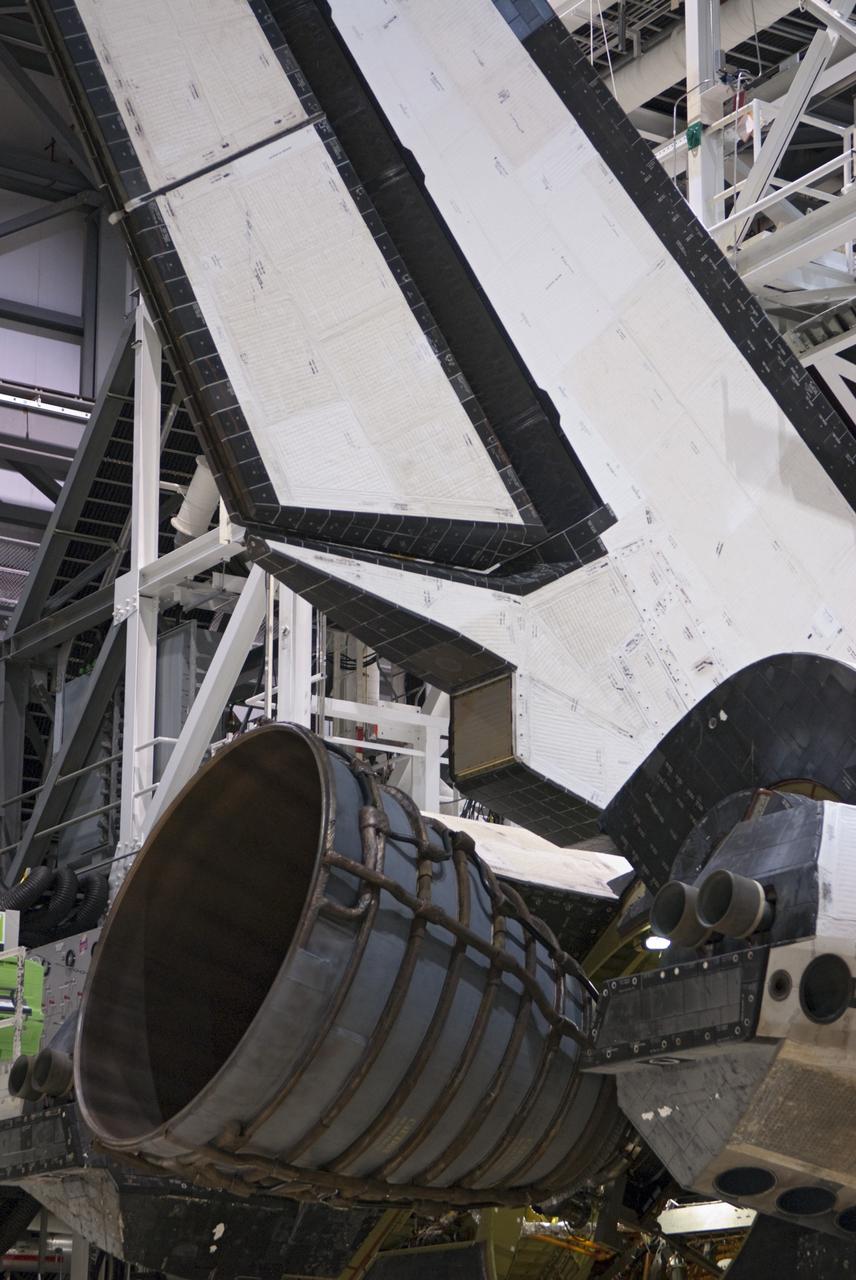 CAPE CANAVERAL, Fla. – A close-up view of replica shuttle main engine RSME number 1 recently installed on space shuttle Endeavour in Orbiter Processing Facility Bay 2 at NASA’s Kennedy Space Center in Florida. The work is part of Transition and Retirement of the remaining space shuttles, Endeavour and Atlantis. Endeavour is being prepared for public display at the California Science Center in Los Angeles. Its ferry flight to California is targeted for mid-September. Endeavour was the last space shuttle added to NASA’s orbiter fleet. Over the course of its 19-year career, Endeavour spent 299 days in space during 25 missions. For more information, visit http://www.nasa.gov/transition Photo credit: NASA/Charisse Nahser