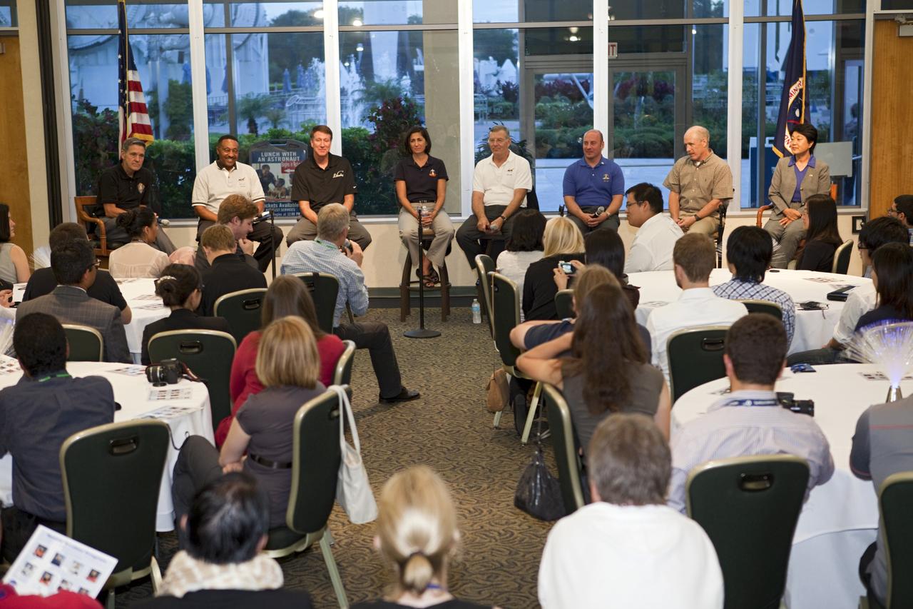 CAPE CANAVERAL, Fla. – Current and former NASA and international astronauts spoke to participants of the International Space University on the future of human spaceflight during a panel discussion at the Kennedy Space Center Visitor Complex in Florida. Participating in the discussion from left, are Kennedy Space Center Director Bob Cabana Winston Scott, dean of the College of Aeronautics at Florida Institute of Technology and former NASA astronaut Kent Rominger, vice president with Alliant Techsystems and former NASA astronaut Nicole Stott, NASA astronaut currently on detail at Kennedy Space Center Jim Voss, director of advanced programs at Sierra Nevada Corporation and former NASA astronaut Garrett Reisman, senior engineer with SpaceX and former NASA astronaut Ken Bowersox, former NASA astronaut and Chiaki Mukai, a Japan Aerospace Exploration Agency astronaut.    The International Space University is a nine-week intensive course designed for post-graduate university students and professionals during the summer. The program is hosted by a different country each year, providing a unique educational experience for participants from around the world. NASA Kennedy Space Center and the Florida Institute of Technology in Melbourne, Fla., are co-hosting this year’s event which runs from June 4 to Aug. 3. There are about 125 participants representing 31 countries. For more information, visit http://www.isunet.edu. Photo credit: NASA/Kim Shiflett