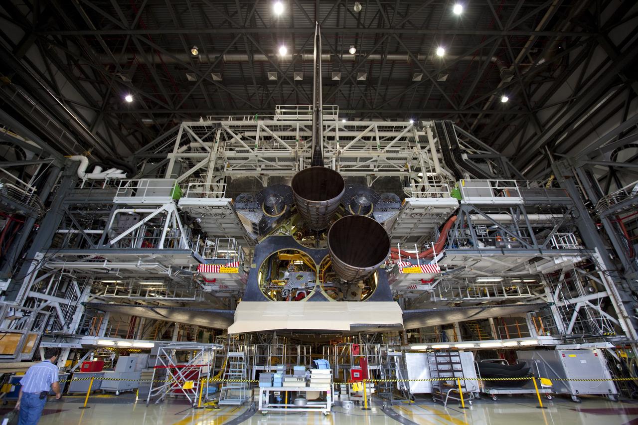 CAPE CANAVERAL, Fla. - In this wide-angle view inside Orbiter Processing Facility Bay 2 at NASA’s Kennedy Space Center in Florida, replica shuttle main engines 3 RSME has been installed on the space shuttle Endeavour. The orbiter is surrounded by work platforms allowing access to all areas of the spacecraft. The work is part of Transition and Retirement of the remaining space shuttles, Endeavour and Atlantis. Endeavour is being prepared for public display at the California Science Center in Los Angeles. Its ferry flight to California is targeted for mid-September. Endeavour was the last space shuttle added to NASA’s orbiter fleet. Over the course of its 19-year career, Endeavour spent 299 days in space during 25 missions. For more information, visit http://www.nasa.gov/transition Photo credit: NASA/ Dimitri Gerondidakis