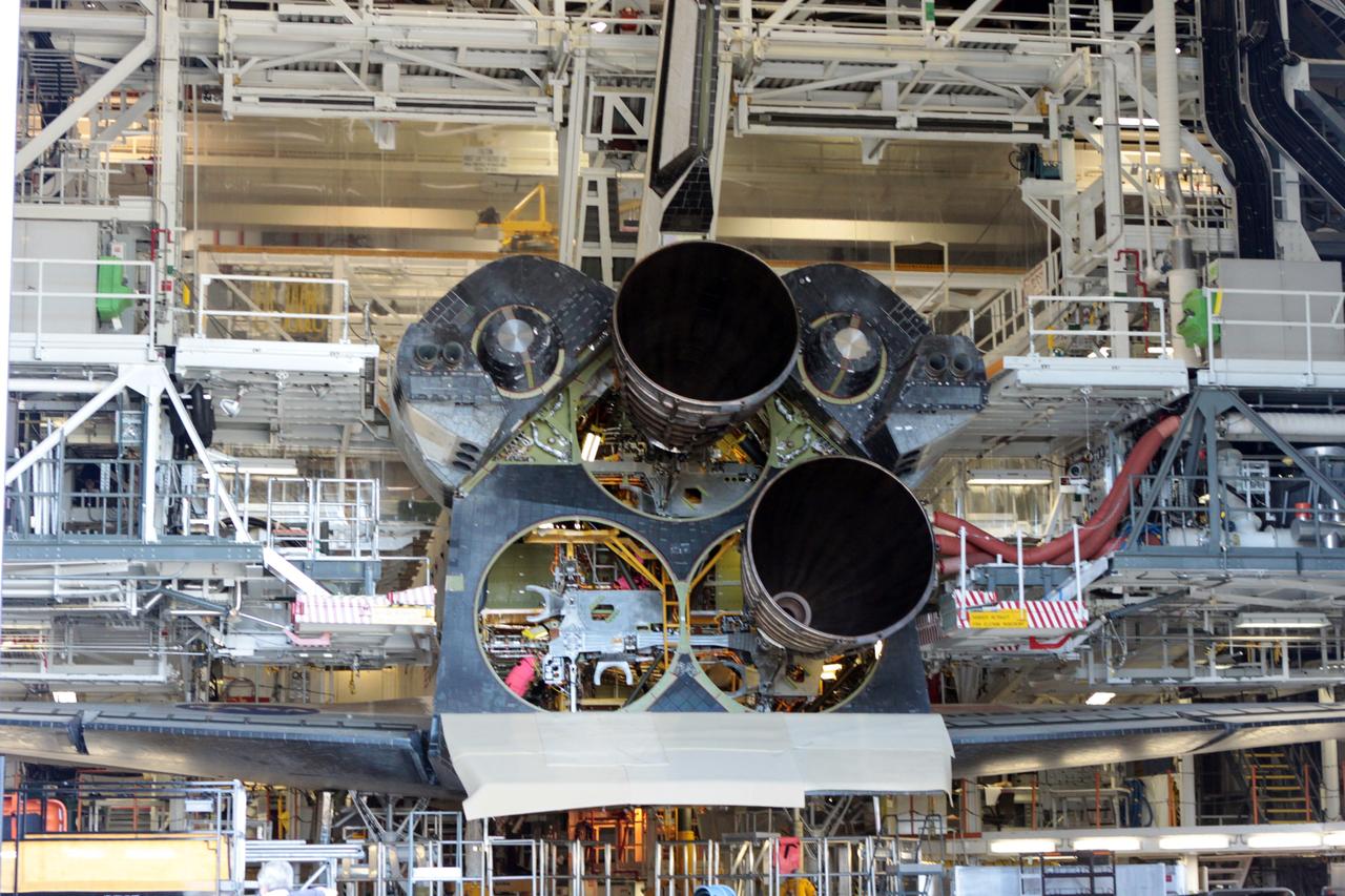 CAPE CANAVERAL, Fla. – Inside Orbiter Processing Facility-2 at NASA’s Kennedy Space Center in Florida, space shuttle Endeavour is surrounded by work platforms as preparations are being made to install replica shuttle main engine 2, or RSME 2. The work is part of Transition and Retirement of the remaining space shuttles, Endeavour and Atlantis. Endeavour is being prepared for public display at the California Science Center in Los Angeles. Its ferry flight to California is targeted for mid-September. Endeavour was the last space shuttle added to NASA’s orbiter fleet. Over the course of its 19-year career, Endeavour spent 299 days in space during 25 missions. For more information, visit http://www.nasa.gov/shuttle. Photo credit: NASA/David Lee