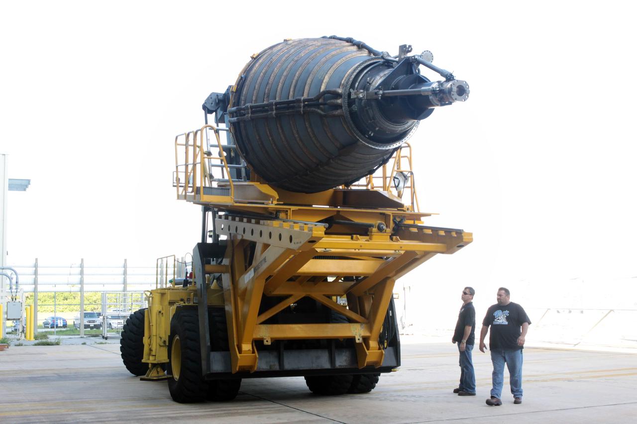 CAPE CANAVERAL, Fla. – At NASA’s Kennedy Space Center in Florida, a Hyster forklift is used to transport replica shuttle main engine 2, or RSME 2, to Orbiter Processing Facility-2 for installation on space shuttle Endeavour. The work is part of Transition and Retirement of the remaining space shuttles, Endeavour and Atlantis. Endeavour is being prepared for public display at the California Science Center in Los Angeles. Its ferry flight to California is targeted for mid-September. Endeavour was the last space shuttle added to NASA’s orbiter fleet. Over the course of its 19-year career, Endeavour spent 299 days in space during 25 missions. For more information, visit http://www.nasa.gov/shuttle. Photo credit: NASA/David Lee