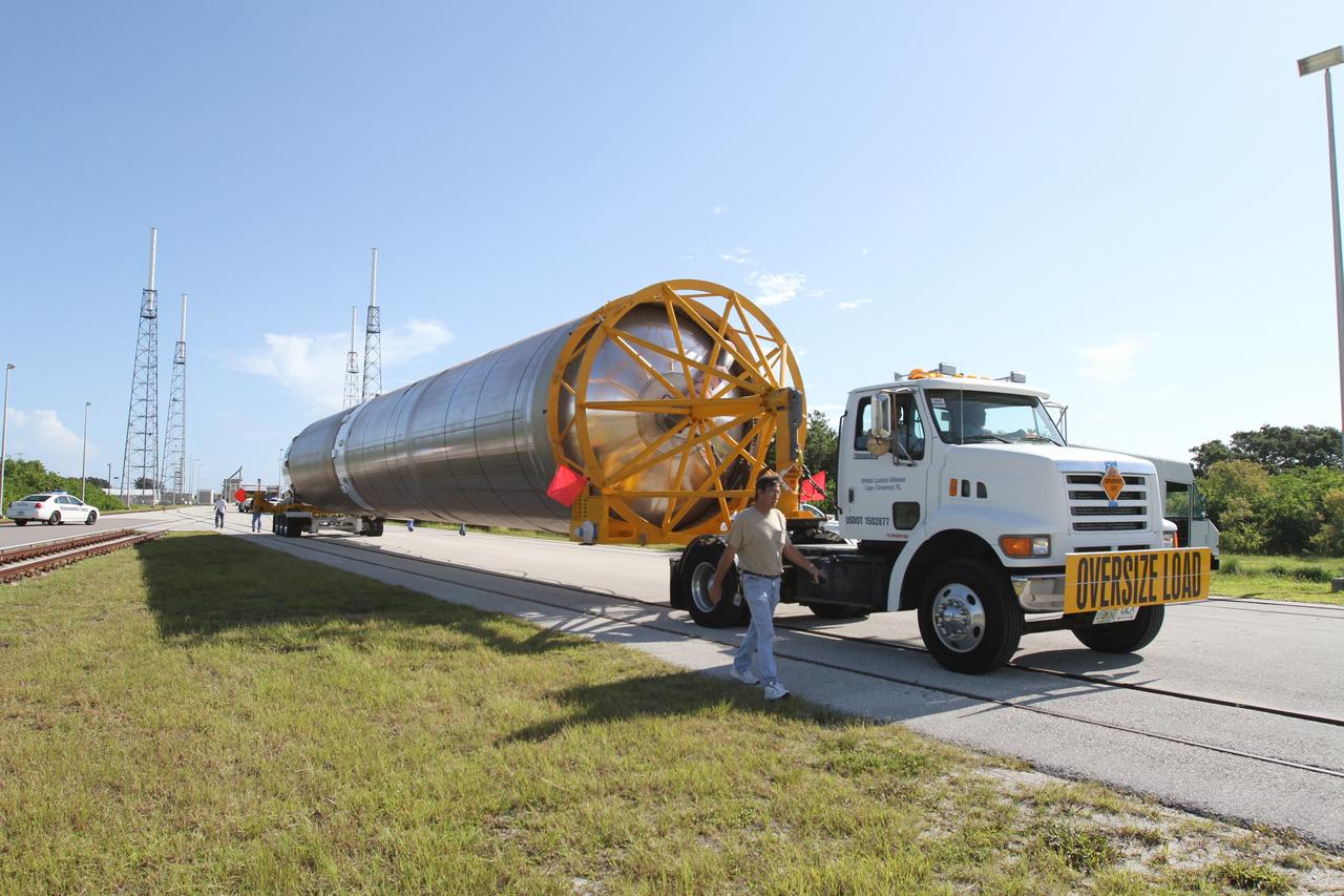 CAPE CANAVERAL, Fla. - The first stage of the United Launch Alliance Atlas V rocket is being transported to Launch Complex 41 at Cape Canaveral Air Force Station in Florida for the Radiation Belt Storm Probes, or RBSP, mission. NASA’s RBSP mission will help us understand the sun’s influence on Earth and near-Earth space by studying the Earth’s radiation belts on various scales of space and time. RBSP will begin its mission of exploration of Earth’s Van Allen radiation belts and the extremes of space weather after its launch aboard an Atlas V rocket. Launch is targeted for Aug. 23. For more information, visit http://www.nasa.gov/rbsp. Photo credit: NASA/Cory Huston