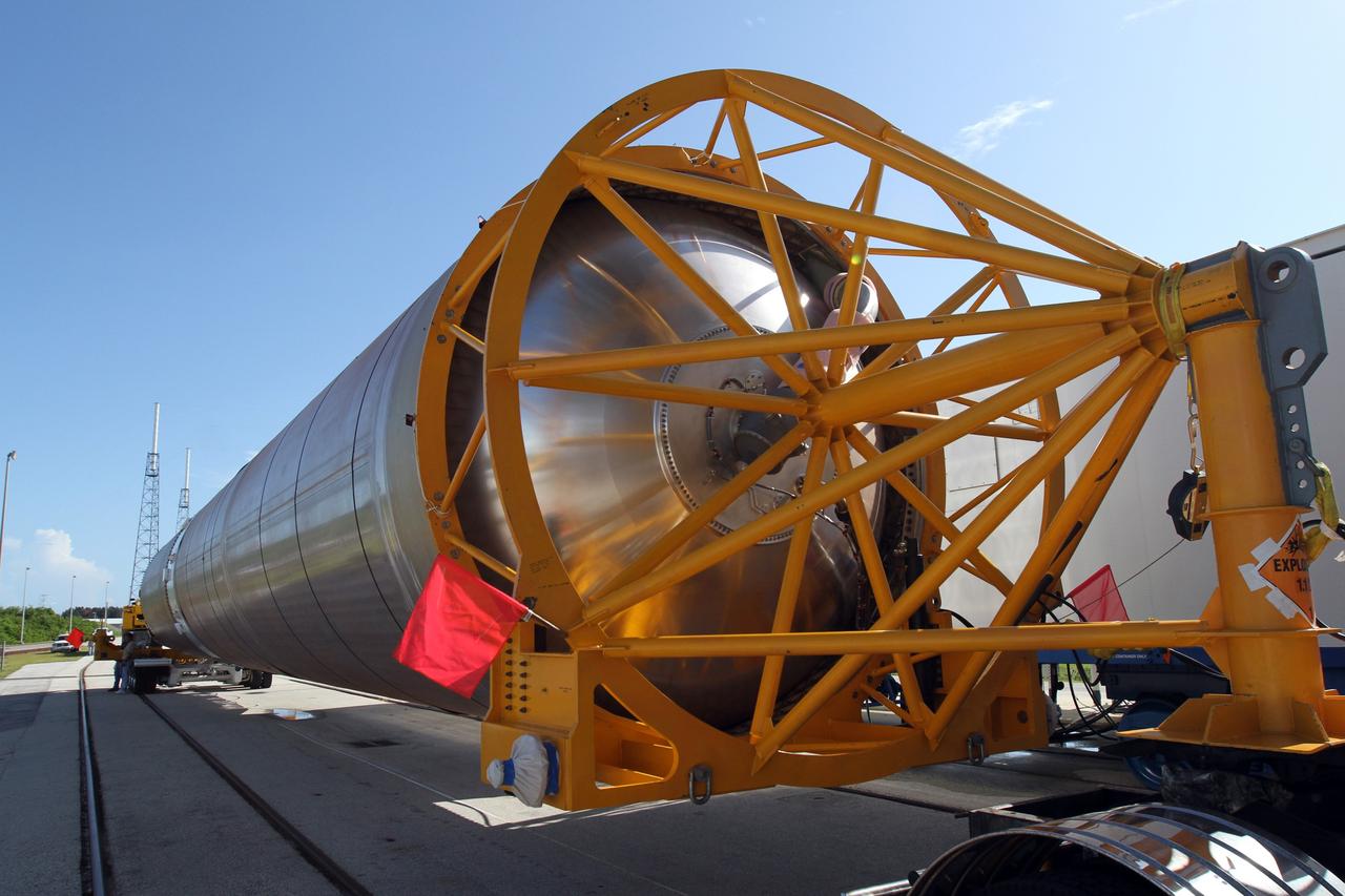 CAPE CANAVERAL, Fla. - In this close-up view, the first stage of the United Launch Alliance Atlas V rocket arrives at Launch Complex 41 at Cape Canaveral Air Force Station in Florida for the Radiation Belt Storm Probes, or RBSP, mission. NASA’s RBSP mission will help us understand the sun’s influence on Earth and near-Earth space by studying the Earth’s radiation belts on various scales of space and time. RBSP will begin its mission of exploration of Earth’s Van Allen radiation belts and the extremes of space weather after its launch aboard an Atlas V rocket. Launch is targeted for Aug. 23. For more information, visit http://www.nasa.gov/rbsp. Photo credit: NASA/Cory Huston