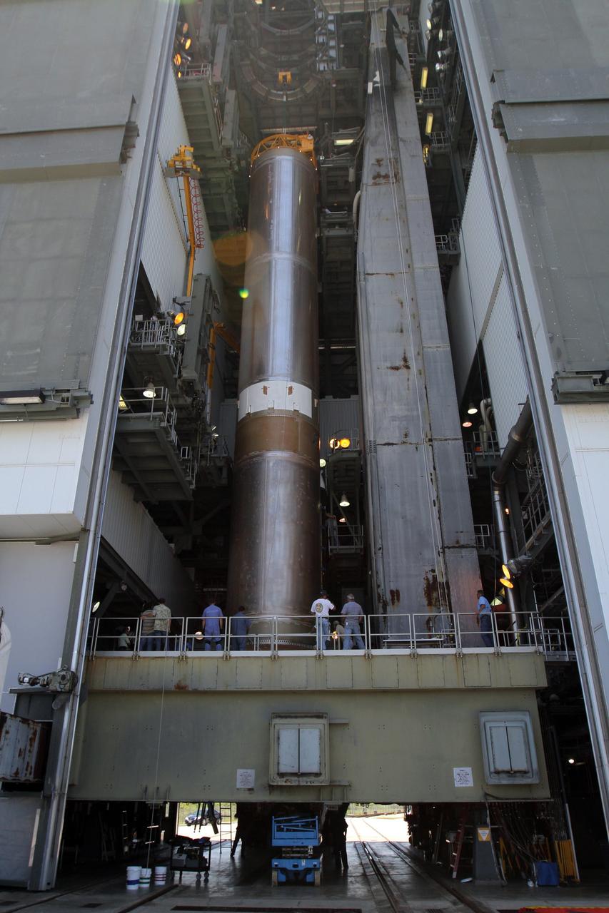 CAPE CANAVERAL, Fla. - At Launch Complex 41 at Cape Canaveral Air Force Station in Florida, the first stage of the United Launch Alliance Atlas V rocket has been moved into the Vertical Integration Facility. The Atlas V is being prepared for the Radiation Belt Storm Probes, or RBSP, mission. NASA’s RBSP mission will help us understand the sun’s influence on Earth and near-Earth space by studying the Earth’s radiation belts on various scales of space and time. RBSP will begin its mission of exploration of Earth’s Van Allen radiation belts and the extremes of space weather after its launch aboard an Atlas V rocket. Launch is targeted for Aug. 23. For more information, visit http://www.nasa.gov/rbsp. Photo credit: NASA/Cory Huston