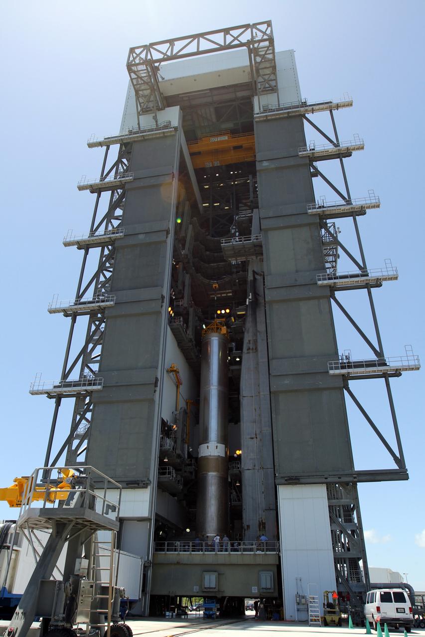 CAPE CANAVERAL, Fla. - At Launch Complex 41 at Cape Canaveral Air Force Station in Florida, the first stage of the United Launch Alliance Atlas V rocket has been moved into the Vertical Integration Facility. The Atlas V is being prepared for the Radiation Belt Storm Probes, or RBSP, mission.    NASA’s RBSP mission will help us understand the sun’s influence on Earth and near-Earth space by studying the Earth’s radiation belts on various scales of space and time. RBSP will begin its mission of exploration of Earth’s Van Allen radiation belts and the extremes of space weather after its launch aboard an Atlas V rocket. Launch is targeted for Aug. 23. For more information, visit http://www.nasa.gov/rbsp. Photo credit: NASA/Cory Huston