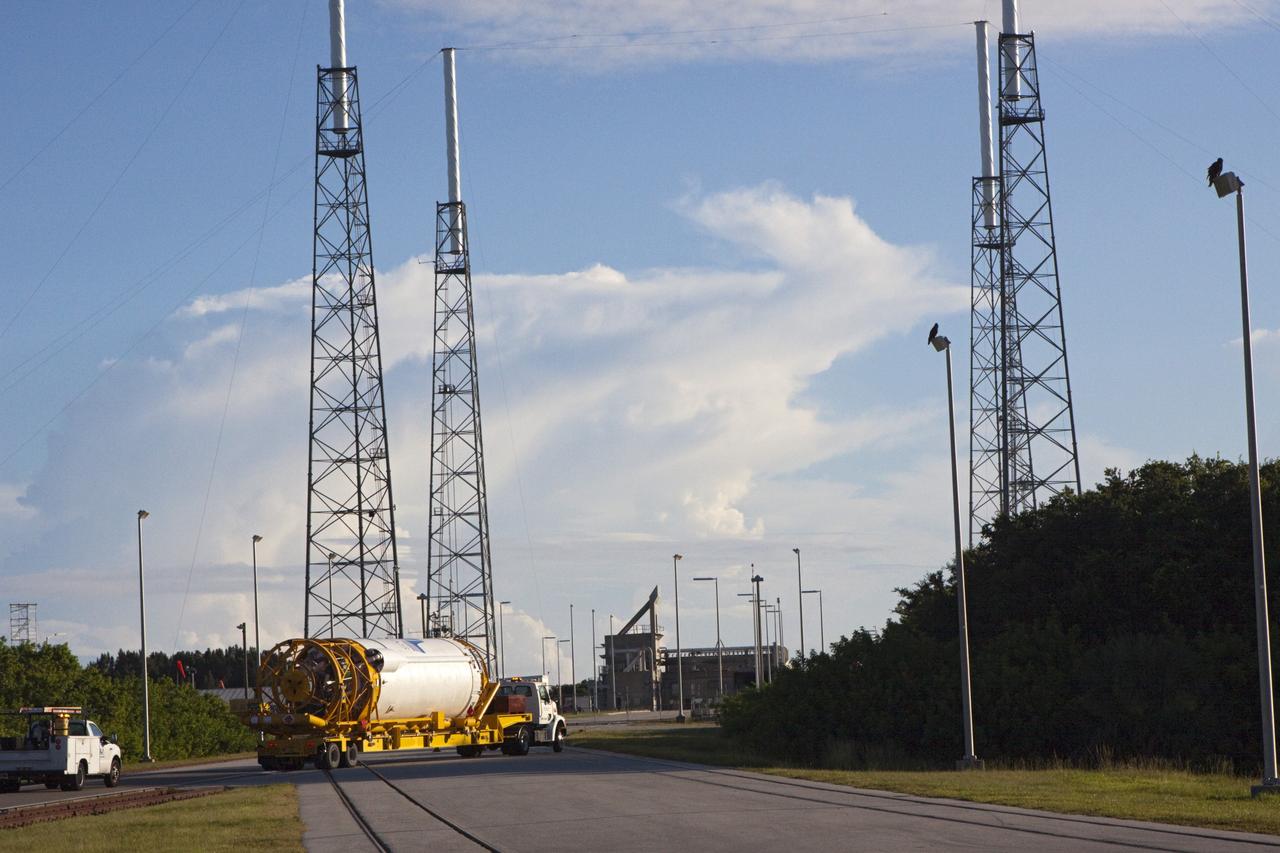 CAPE CANAVERAL, Fla. – At Space Launch Complex 41 at Cape Canaveral Air Force Station, Fla., the Centaur stage arrives for mating with the Atlas V rocket, which will launch the Radiation Belt Storm Probes, or RBSP, spacecraft. NASA’s RBSP mission will help us understand the sun’s influence on Earth and near-Earth space by studying the Earth’s radiation belts on various scales of space and time. RBSP will begin its mission of exploration of Earth’s Van Allen radiation belts and the extremes of space weather after its liftoff aboard a United Launch Alliance Atlas V from Cape Canaveral. Liftoff is targeted for Aug. 23, 2012. For more information, visit http://www.nasa.gov/rbsp. Photo credit: NASA/Jim Grossmann