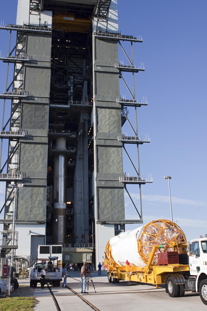 CAPE CANAVERAL, Fla. – At Space Launch Complex 41 at Cape Canaveral Air Force Station, Fla., the Centaur stage is moved into position for mating with the Atlas V rocket, which will launch the Radiation Belt Storm Probes, or RBSP, spacecraft. NASA’s RBSP mission will help us understand the sun’s influence on Earth and near-Earth space by studying the Earth’s radiation belts on various scales of space and time. RBSP will begin its mission of exploration of Earth’s Van Allen radiation belts and the extremes of space weather after its liftoff aboard a United Launch Alliance Atlas V from Cape Canaveral. Liftoff is targeted for Aug. 23, 2012. For more information, visit http://www.nasa.gov/rbsp. Photo credit: NASA/Jim Grossmann
