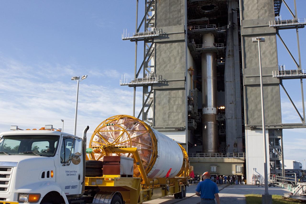 CAPE CANAVERAL, Fla. – At Space Launch Complex 41 at Cape Canaveral Air Force Station, Fla., the centaur stage is moved into position for mating with the Atlas V rocket, which will launch the Radiation Belt Storm Probes, or RBSP, spacecraft. NASA’s RBSP mission will help us understand the sun’s influence on Earth and near-Earth space by studying the Earth’s radiation belts on various scales of space and time. RBSP will begin its mission of exploration of Earth’s Van Allen radiation belts and the extremes of space weather after its liftoff aboard a United Launch Alliance Atlas V from Cape Canaveral. Liftoff is targeted for Aug. 23, 2012. For more information, visit http://www.nasa.gov/rbsp. Photo credit: NASA/Jim Grossmann