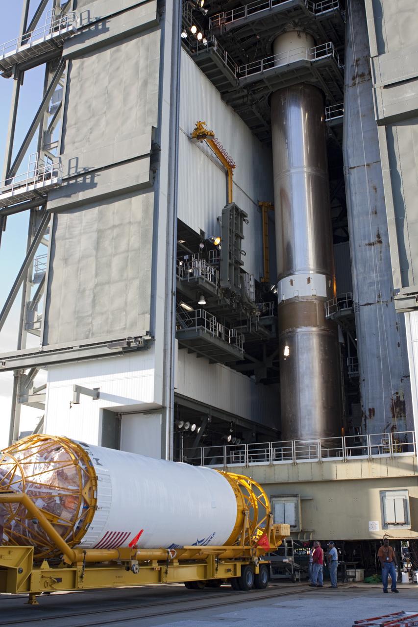 CAPE CANAVERAL, Fla. – At Space Launch Complex 41 at Cape Canaveral Air Force Station, Fla., United Launch Alliance technicians prepare to lift the Centaur stage for mating with the Atlas V rocket, which will launch the Radiation Belt Storm Probes, or RBSP, spacecraft. NASA’s RBSP mission will help us understand the sun’s influence on Earth and near-Earth space by studying the Earth’s radiation belts on various scales of space and time. RBSP will begin its mission of exploration of Earth’s Van Allen radiation belts and the extremes of space weather after its liftoff aboard a United Launch Alliance Atlas V from Cape Canaveral. Liftoff is targeted for Aug. 23, 2012. For more information, visit http://www.nasa.gov/rbsp. Photo credit: NASA/Jim Grossmann