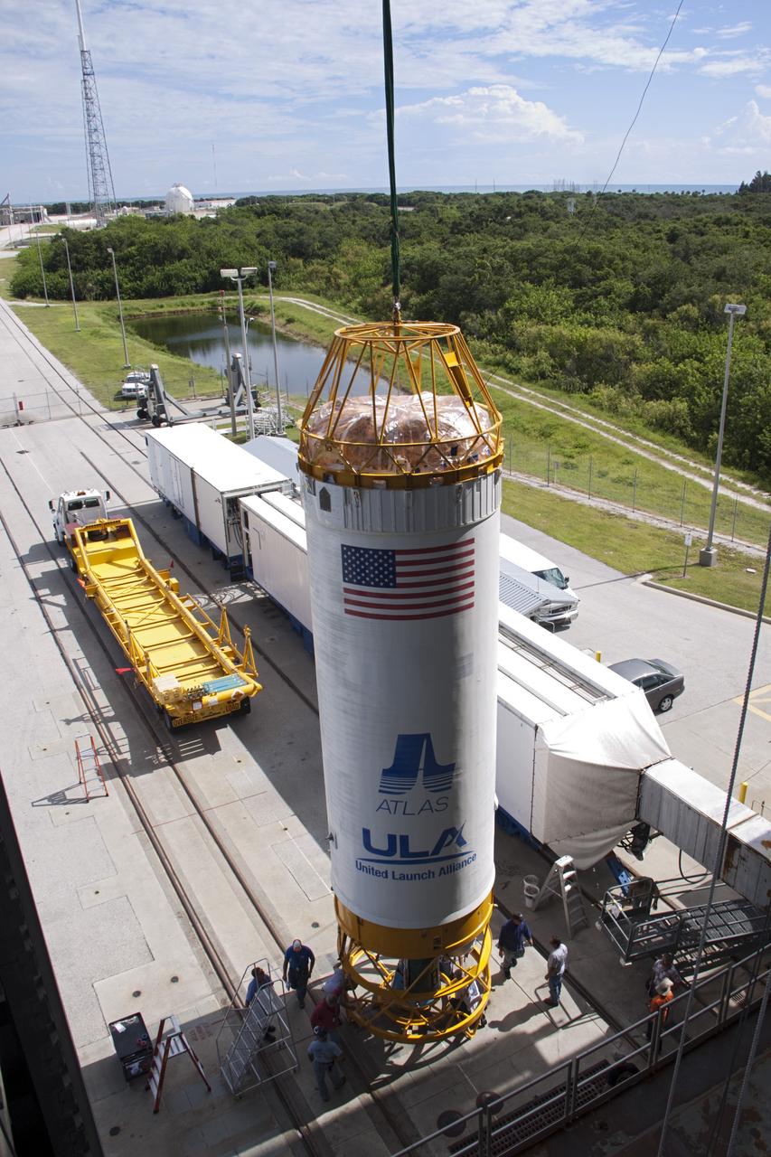CAPE CANAVERAL, Fla. – At Space Launch Complex 41 at Cape Canaveral Air Force Station, Fla., the Centaur stage is being lifted for mating with the Atlas V rocket, which will launch the Radiation Belt Storm Probes, or RBSP, spacecraft. NASA’s RBSP mission will help us understand the sun’s influence on Earth and near-Earth space by studying the Earth’s radiation belts on various scales of space and time. RBSP will begin its mission of exploration of Earth’s Van Allen radiation belts and the extremes of space weather after its liftoff aboard a United Launch Alliance Atlas V from Cape Canaveral. Liftoff is targeted for Aug. 23, 2012. For more information, visit http://www.nasa.gov/rbsp. Photo credit: NASA/Jim Grossmann