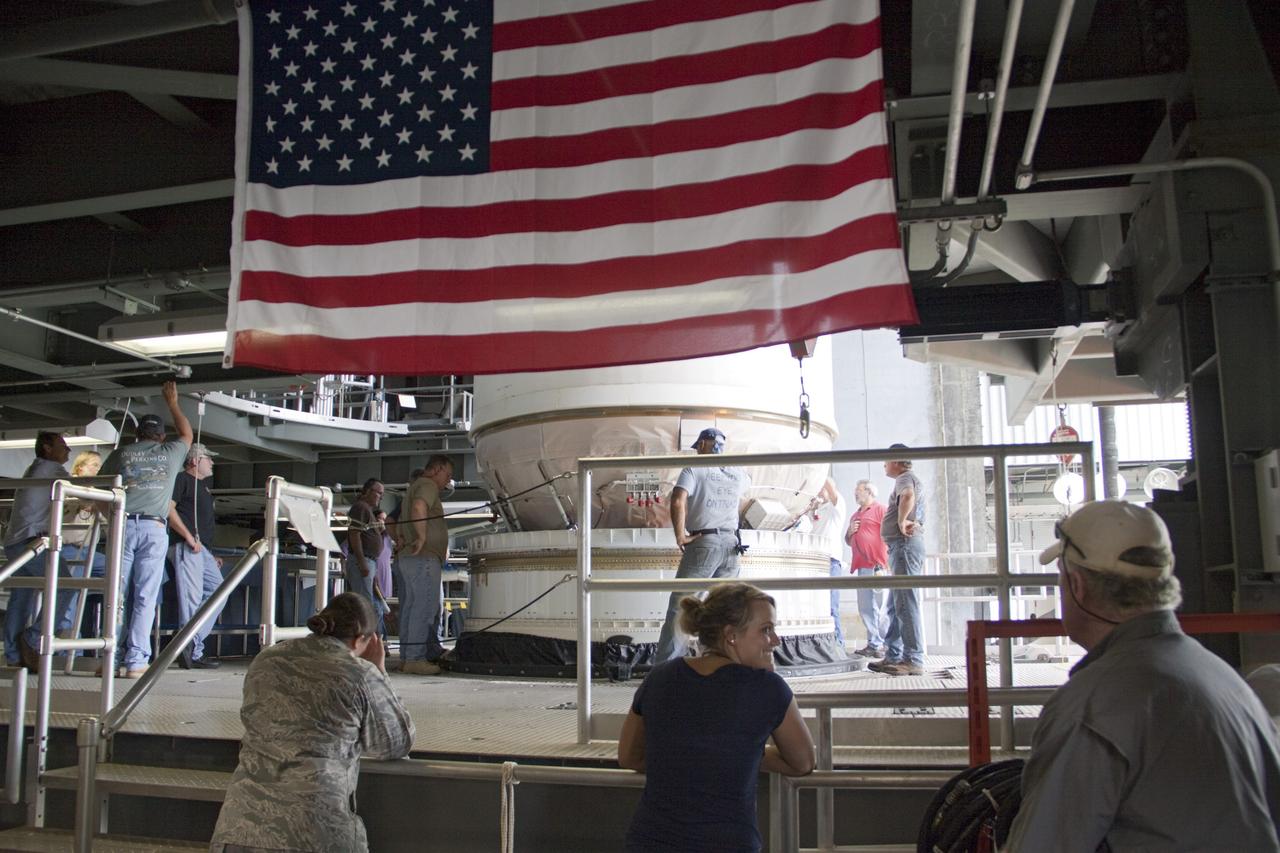 CAPE CANAVERAL, Fla. – At Space Launch Complex 41 at Cape Canaveral Air Force Station, Fla., United Launch Alliance technicians mate the Centaur stage with the Atlas V rocket, which will launch the Radiation Belt Storm Probes, or RBSP, spacecraft. NASA’s RBSP mission will help us understand the sun’s influence on Earth and near-Earth space by studying the Earth’s radiation belts on various scales of space and time. RBSP will begin its mission of exploration of Earth’s Van Allen radiation belts and the extremes of space weather after its liftoff aboard a United Launch Alliance Atlas V from Cape Canaveral. Liftoff is targeted for Aug. 23, 2012. For more information, visit http://www.nasa.gov/rbsp. Photo credit: NASA/Jim Grossmann