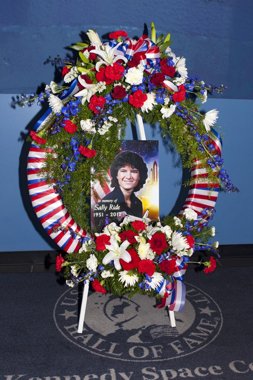 TITUSVILLE, Fla. - A wreath was laid at the U. S. Astronaut Hall of Fame honoring Sally K. Ride, who became America's first woman in space in 1983. Following her death on July 23, 2012, Ride is being remembered for her service to NASA and for her efforts to encourage children to study math, science and technology.      A California-born physicist, she broke the gender barrier 29 years ago when she rode to orbit aboard space shuttle Challenger on STS-7. Ride subsequently served, again as a mission specialist, on STS-41G in 1984. Following her career with NASA, in 2001 Ride founded her own company, Sally Ride Science, to pursue her long-time passion of motivating youth -- especially girls and young women -- to pursue careers in technical fields.  Photo credit: NASA/Jim Grossmann