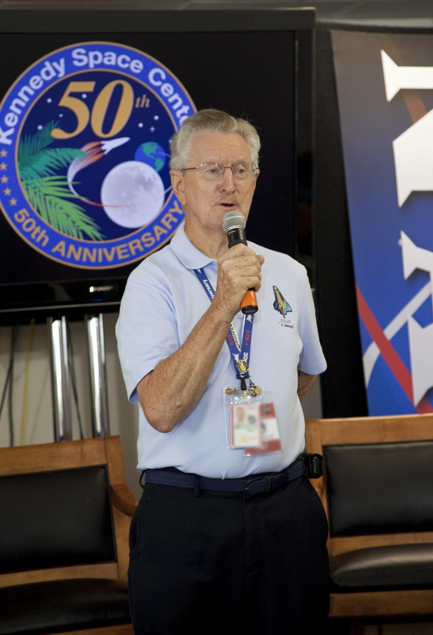CAPE CANAVERAL, Fla. -- John Tribe, retired chief engineer for Boeing/Rockwell Launch Support Services, speaks to about 45 of NASA’s social media followers for two days of presentations on the Kennedy Space Center's past, present and future.      The social media participants gathered at the Florida spaceport on Aug. 2 and 3, 2012 to hear from key former and current leaders who related stories of the space agency's efforts to explore the unknown. It was the first social media event totally run by Kennedy. Photo credit: NASA/ Gianni Woods