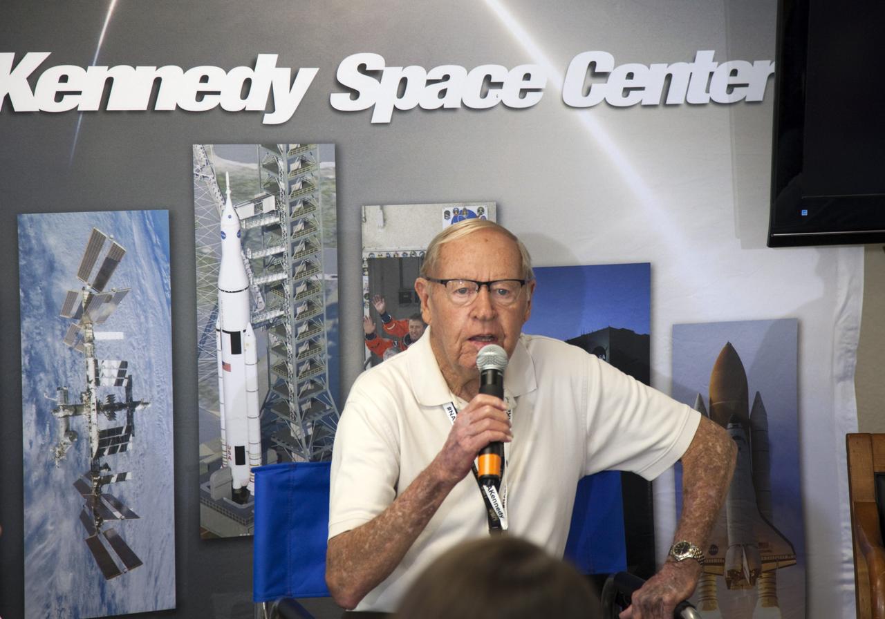 CAPE CANAVERAL, Fla. -- Jack King, former NASA chief of Public Information, speaks to about 45 of NASA’s social media followers for two days of presentations on the Kennedy Space Center's past, present and future.      The social media participants gathered at the Florida spaceport on Aug. 2 and 3, 2012 to hear from key former and current leaders who related stories of the space agency's efforts to explore the unknown. It was the first social media event totally run by Kennedy. Photo credit: NASA/ Gianni Woods
