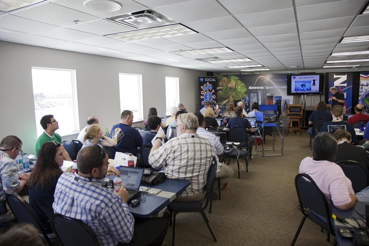CAPE CANAVERAL, Fla. -- About 45 of NASA’s social media followers listen to a speaker during two days of presentations on the Kennedy Space Center's past, present and future.      The social media participants gathered at the Florida spaceport on Aug. 2 and 3, 2012 to hear from key former and current leaders who related stories of the space agency's efforts to explore the unknown. It was the first social media event totally run by Kennedy. Photo credit: NASA/ Gianni Woods