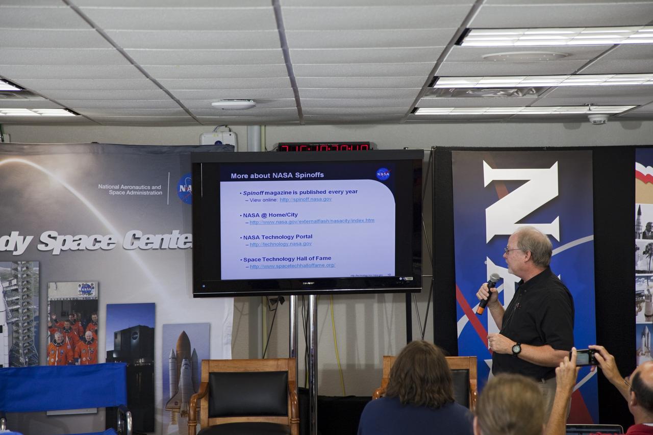 CAPE CANAVERAL, Fla. -- NASA's Bruce Buckingham, of the Kennedy Space Center's Technology Integration Office, speaks to about 45 of social media followers about advances in technology made possible by space research and development. He was one of several speakers to address the participants during two days of presentations on the Kennedy Space Center's past, present and future.      The social media participants gathered at the Florida spaceport on Aug. 2 and 3, 2012 to hear from key former and current leaders who related stories of the space agency's efforts to explore the unknown. It was the first social media event totally run by Kennedy. Photo credit: NASA/ Gianni Woods