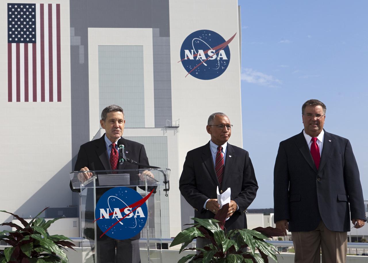 Cape Canaveral, Fla. -- From left, Kennedy Space Center Director Robert Cabana, NASA Administrator Charlie Bolden and Commercial Crew Program CCP, Manager Ed Mango announce the newest partners of NASA's Commercial Crew Program from Operations Support Building 2 OSB II at Kennedy Space Center in Florida. Three integrated systems were selected for CCP's Commercial Crew Integrated Capability CCiCap initiative to propel America's next human space transportation system to low Earth orbit forward. Operating under funded Space Act Agreements SAAs, The Boeing Co. of Houston, Sierra Nevada Corp. SNC Space Systems of Louisville, Colo., and Space Exploration Technologies SpaceX of Hawthorne, Calif., will spend the next 21 months completing their designs, conducting critical risk reduction testing on their spacecraft and launch vehicles, and showcasing how they would operate and manage missions from launch through orbit and landing, setting the stage for future demonstration missions. To learn more about CCP, which is based at Kennedy and supported by NASA's Johnson Space Center in Houston, visit www.nasa.gov/commercialcrew. Photo credit: NASA/Kim Shiflett