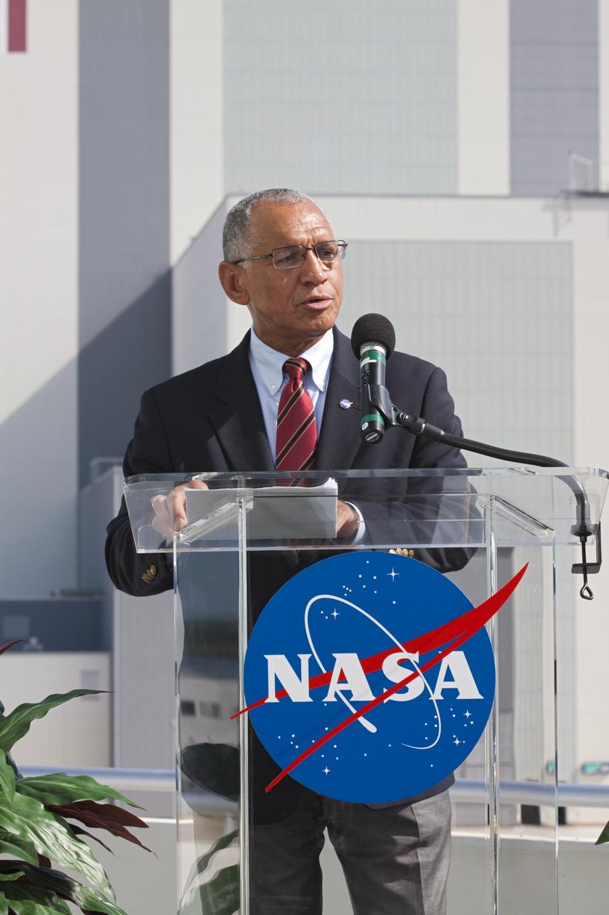 Cape Canaveral, Fla. -- NASA Administrator Charlie Bolden announces the newest partners of NASA's Commercial Crew Program CCP from Operations Support Building 2 OSB II at Kennedy Space Center in Florida. Three integrated systems were selected for CCP's Commercial Crew Integrated Capability CCiCap initiative to propel America's next human space transportation system to low Earth orbit forward. Operating under funded Space Act Agreements SAAs, The Boeing Co. of Houston, Sierra Nevada Corp. SNC Space Systems of Louisville, Colo., and Space Exploration Technologies SpaceX of Hawthorne, Calif., will spend the next 21 months completing their designs, conducting critical risk reduction testing on their spacecraft and launch vehicles, and showcasing how they would operate and manage missions from launch through orbit and landing, setting the stage for future demonstration missions. To learn more about CCP, which is based at Kennedy and supported by NASA's Johnson Space Center in Houston, visit www.nasa.gov/commercialcrew. Photo credit: NASA/Kim Shiflett