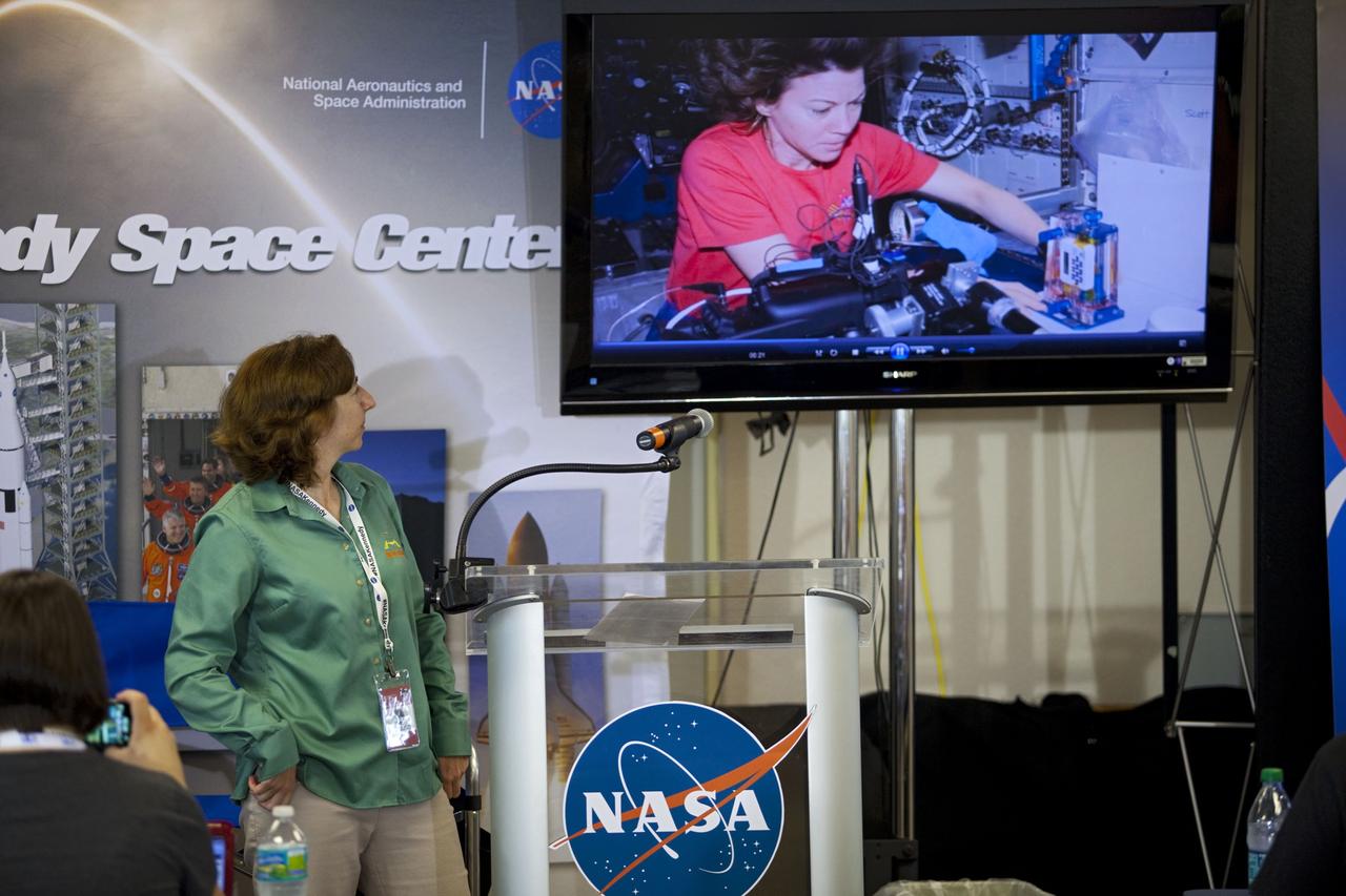 CAPE CANAVERAL, Fla. -- Dr. Liz Warren, communications coordinator for the International Space Station program Science office, speaks to about 45 of NASA’s social media followers for two days of presentations on the Kennedy Space Center's past, present and future.      The social media participants gathered at the Florida spaceport on Aug. 2 and 3, 2012 to hear from key former and current leaders who related stories of the space agency's efforts to explore the unknown. It was the first social media event totally run by Kennedy. Photo credit: NASA/ Gianni Woods
